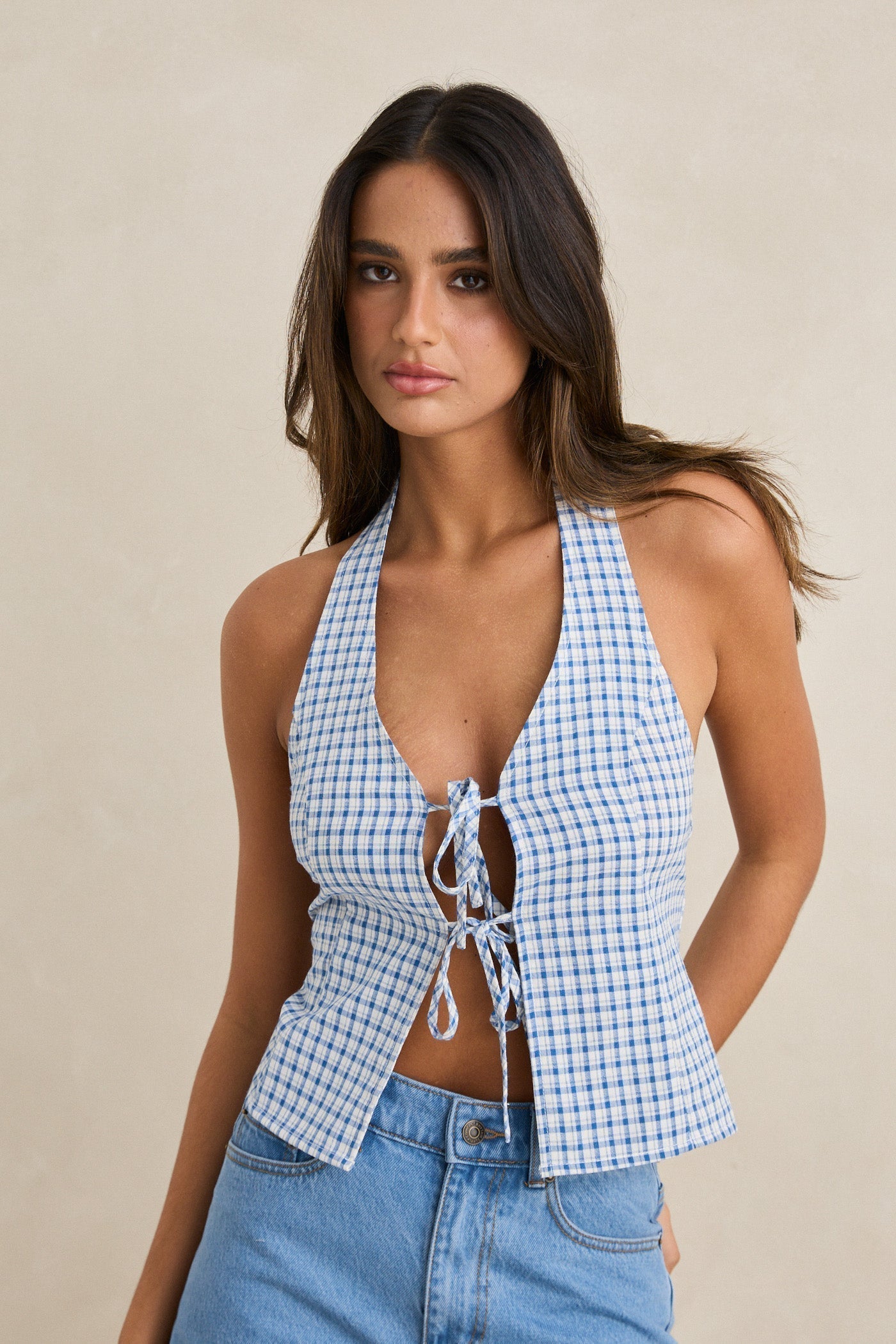 Rhythm Louise Tie Front Halter Top - Blue (view 4)