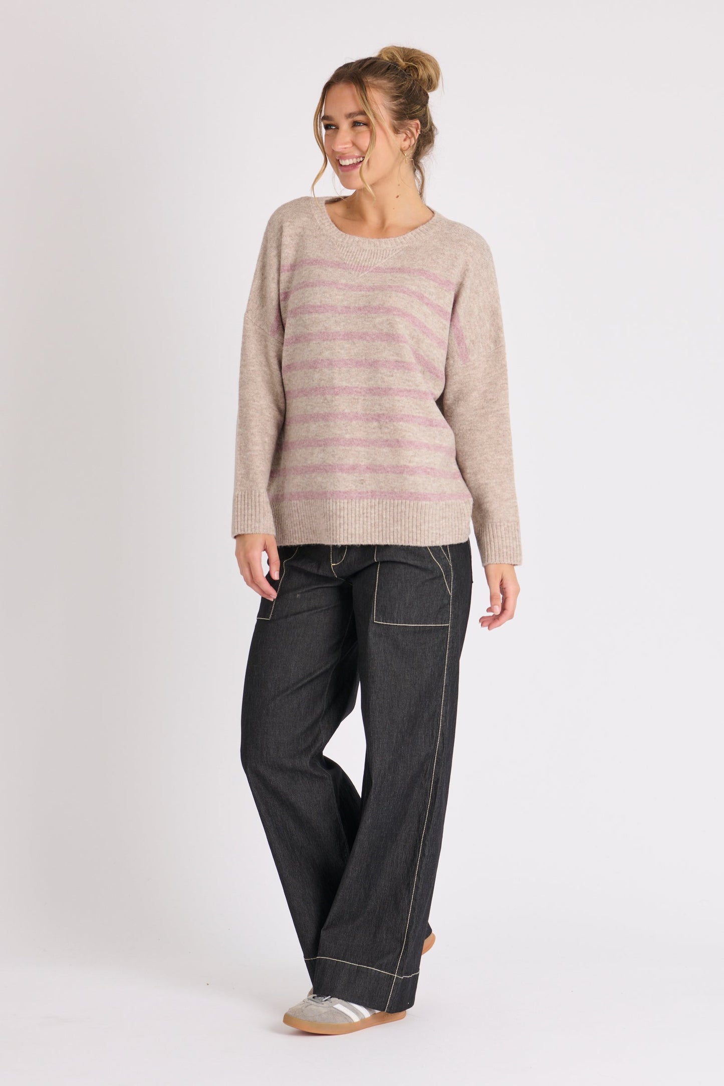 Drop Shoulder Jumper - Beige Pink Stripe