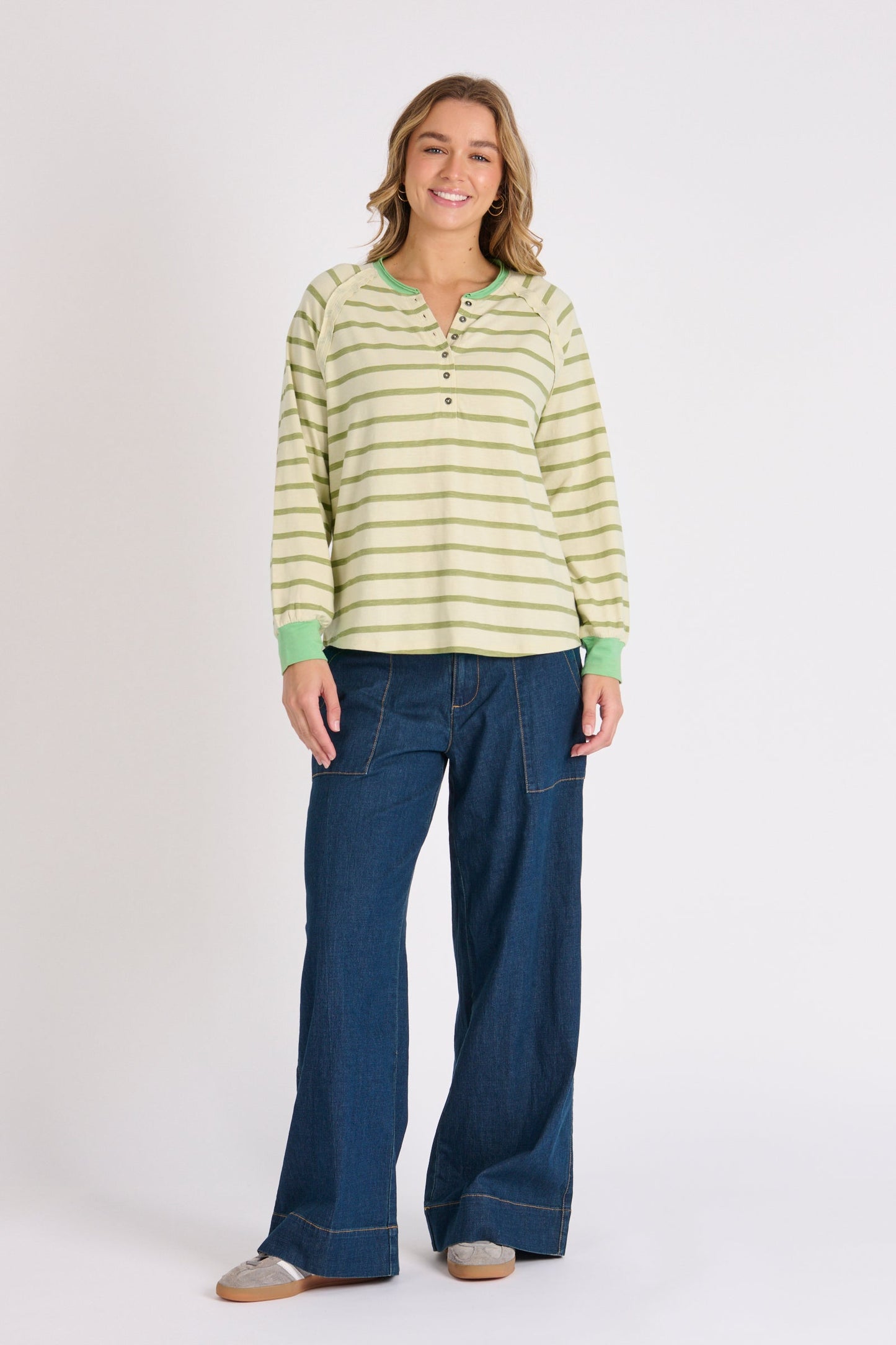 Relaxed Henley Tee - Sage Stripe