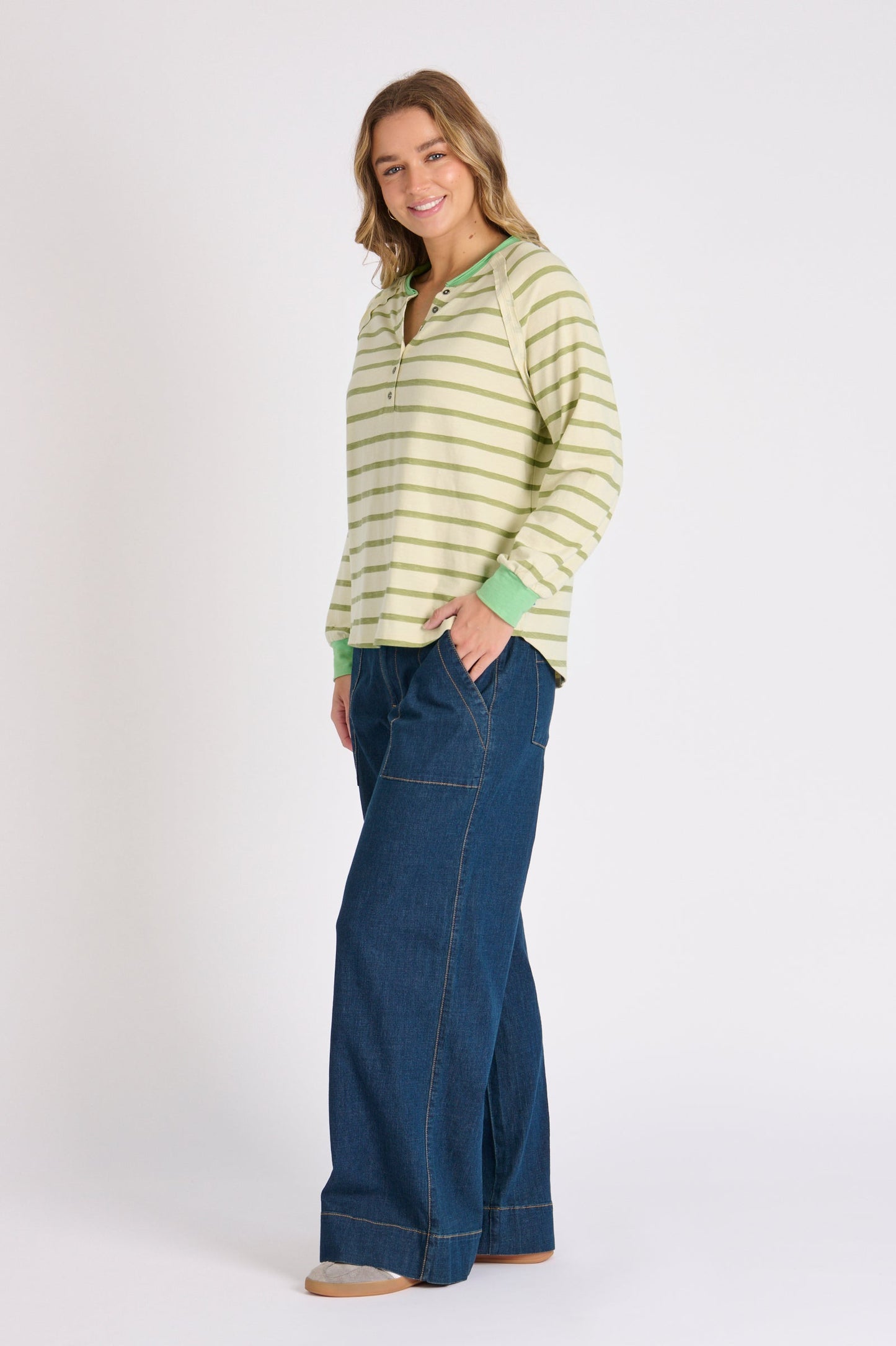 Relaxed Henley Tee - Sage Stripe