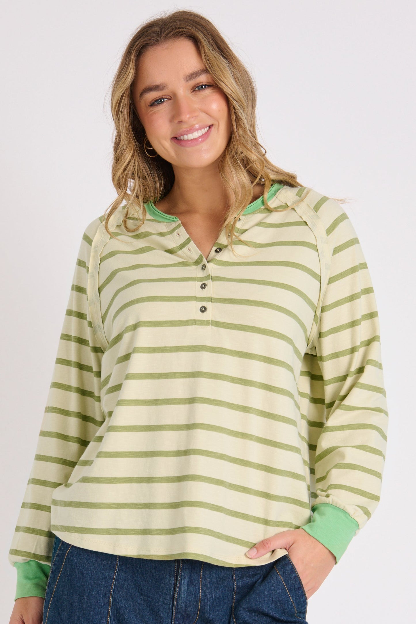 Relaxed Henley Tee - Sage Stripe
