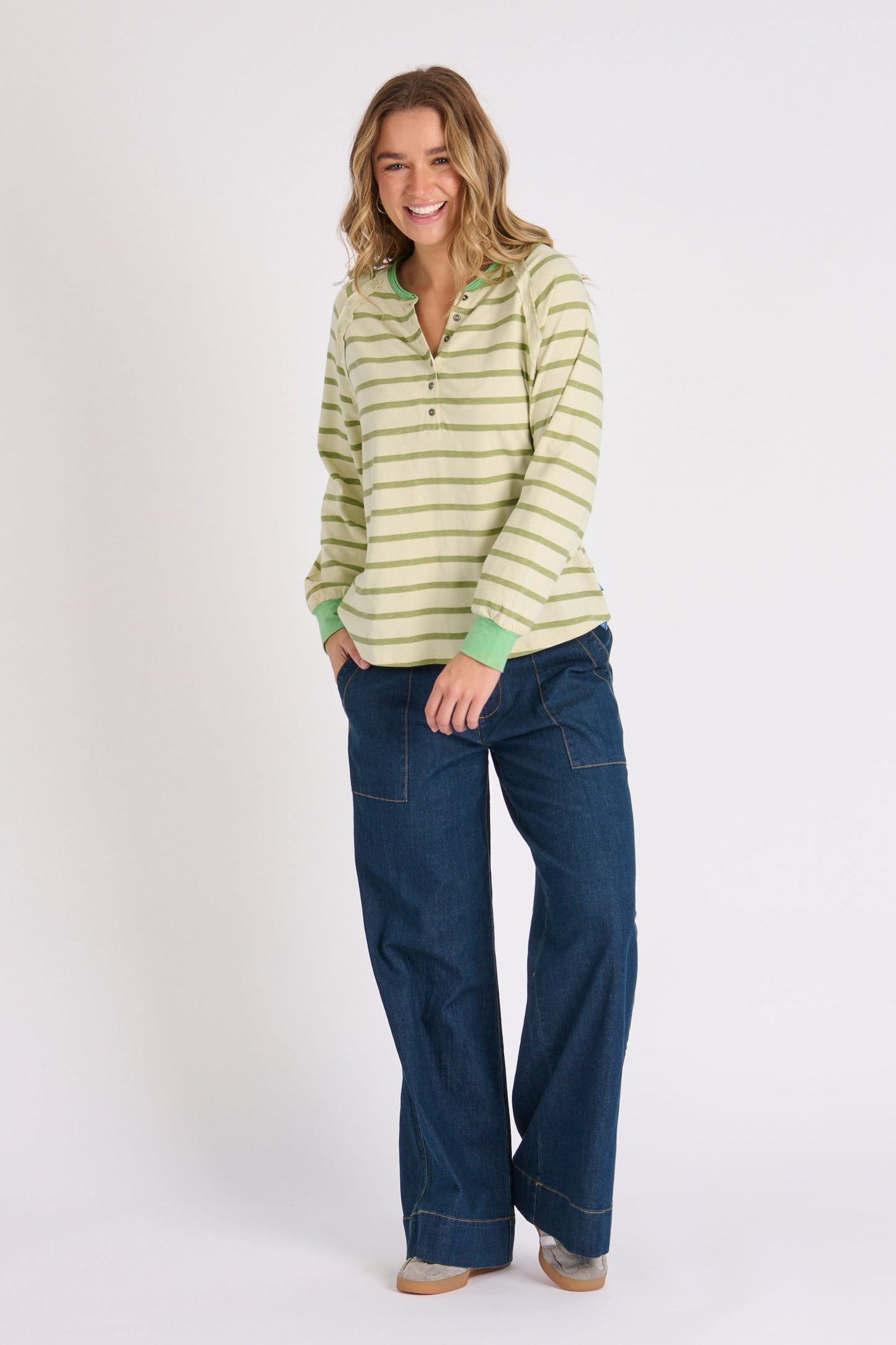 Relaxed Henley Tee - Sage Stripe
