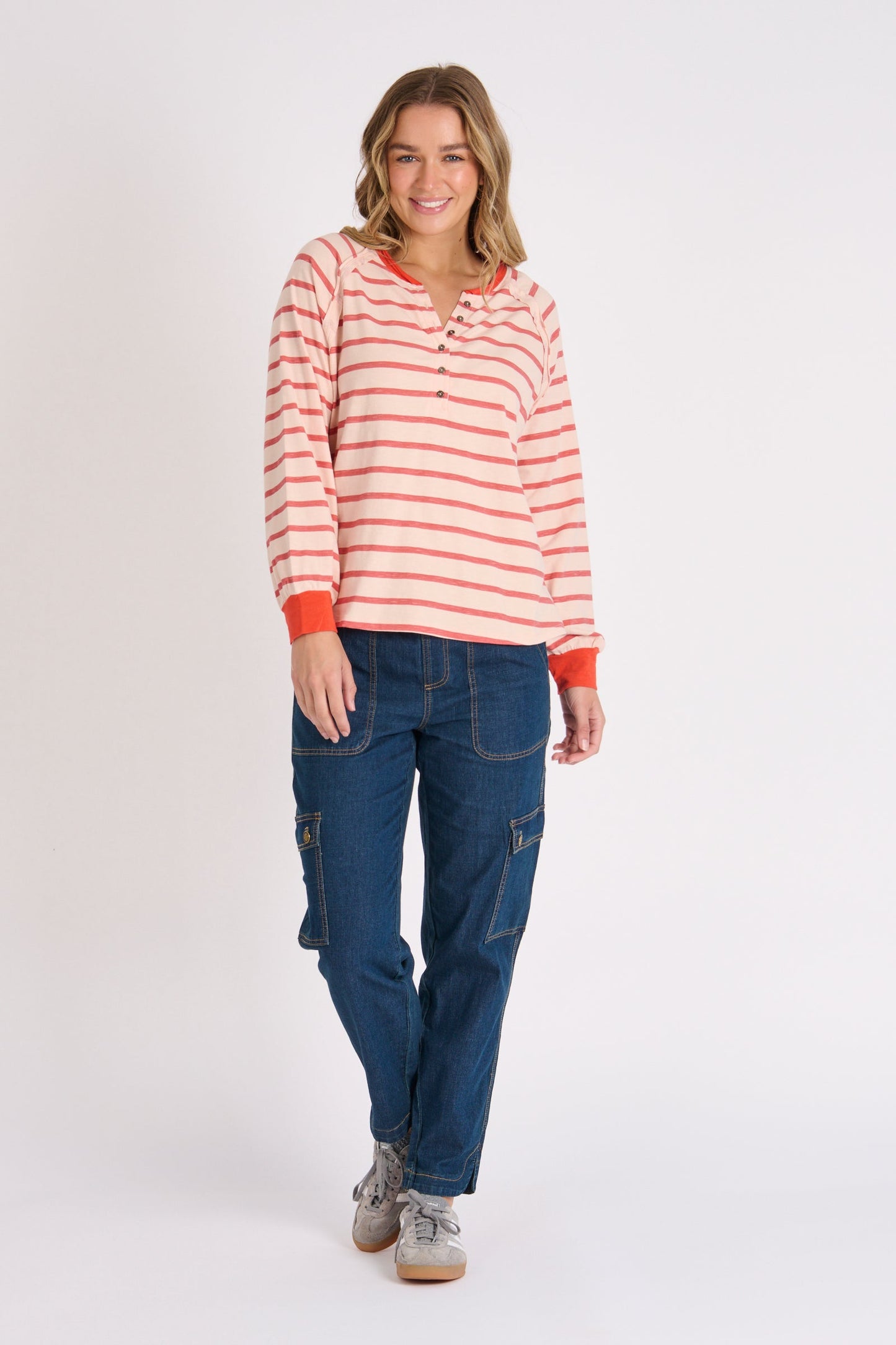 Relaxed Henley Tee - Pink Stripe