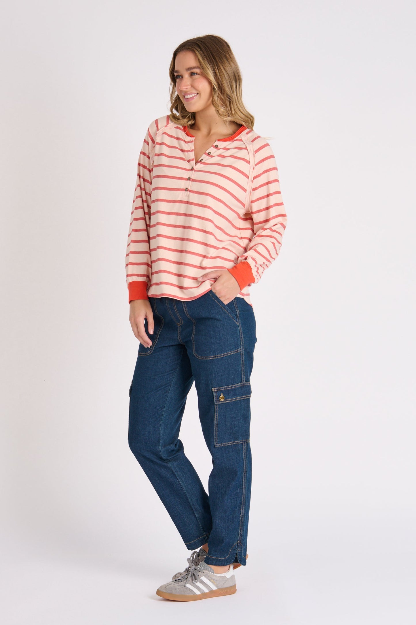 Relaxed Henley Tee - Pink Stripe