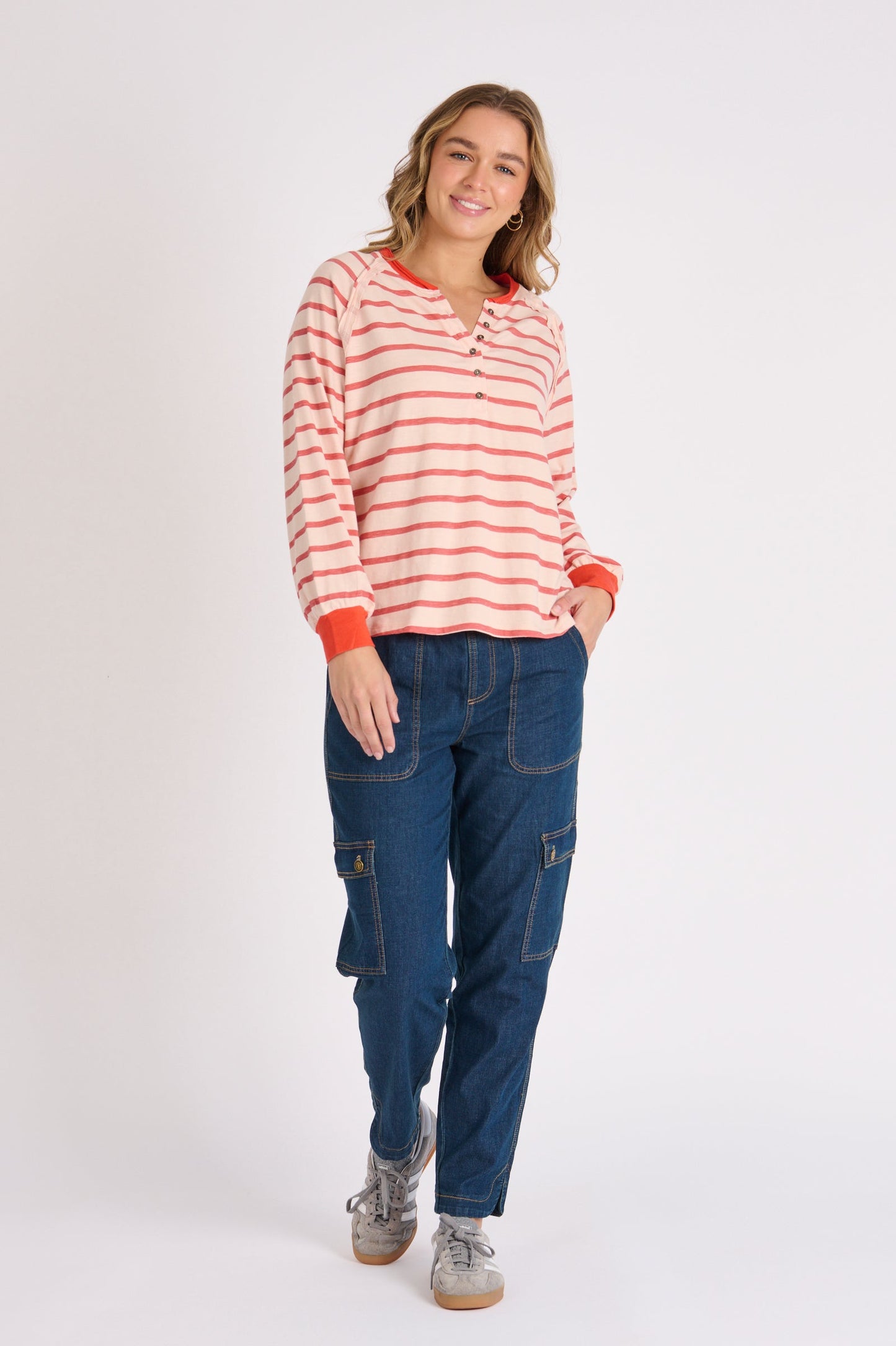 Relaxed Henley Tee - Pink Stripe
