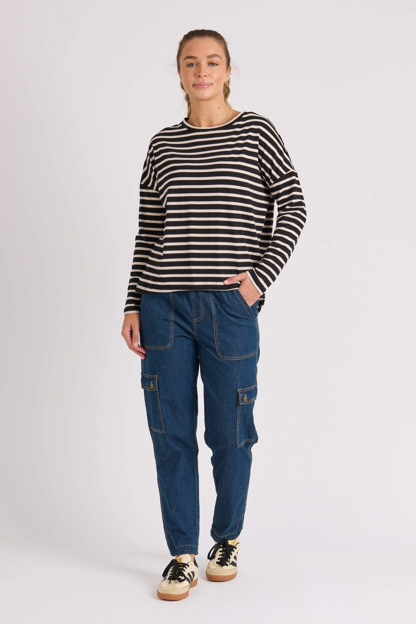 Drop Back Long Sleeve Tee - Beige Stripe