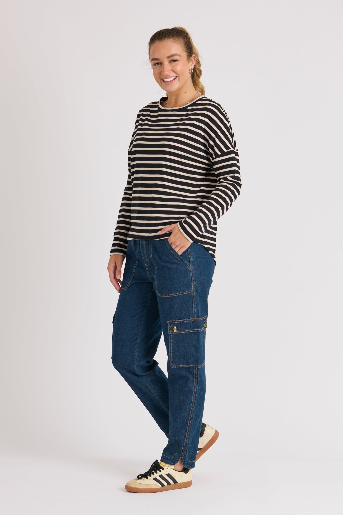 Drop Back Long Sleeve Tee - Beige Stripe