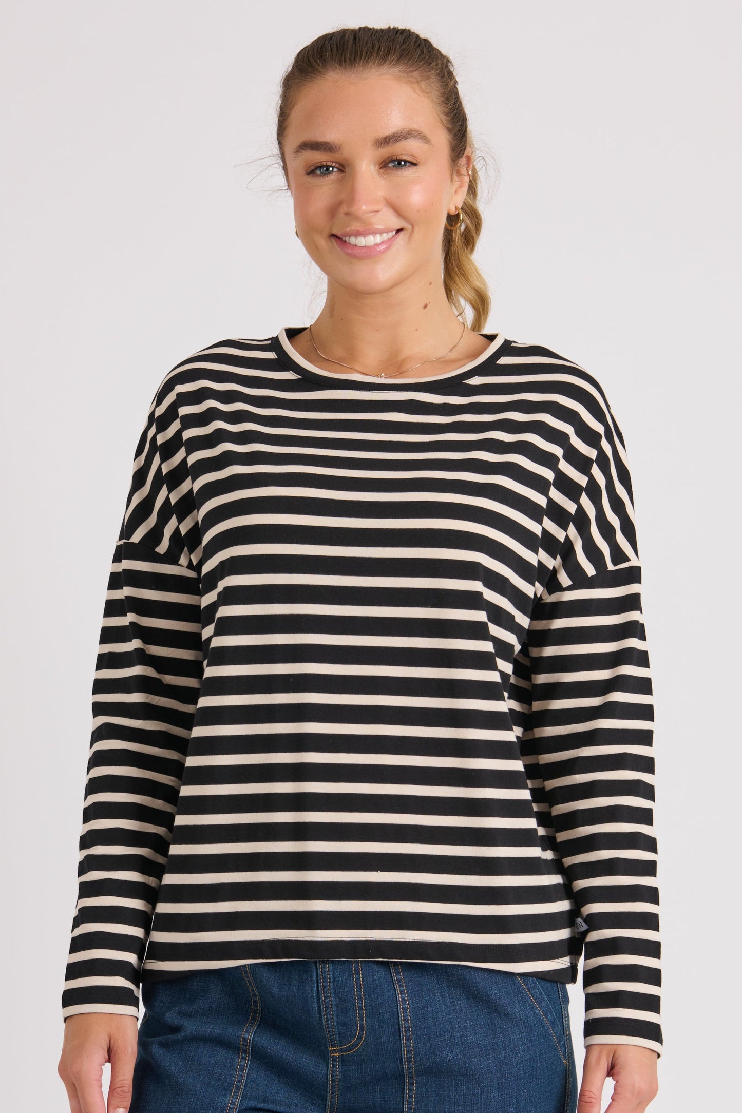 Drop Back Long Sleeve Tee - Beige Stripe