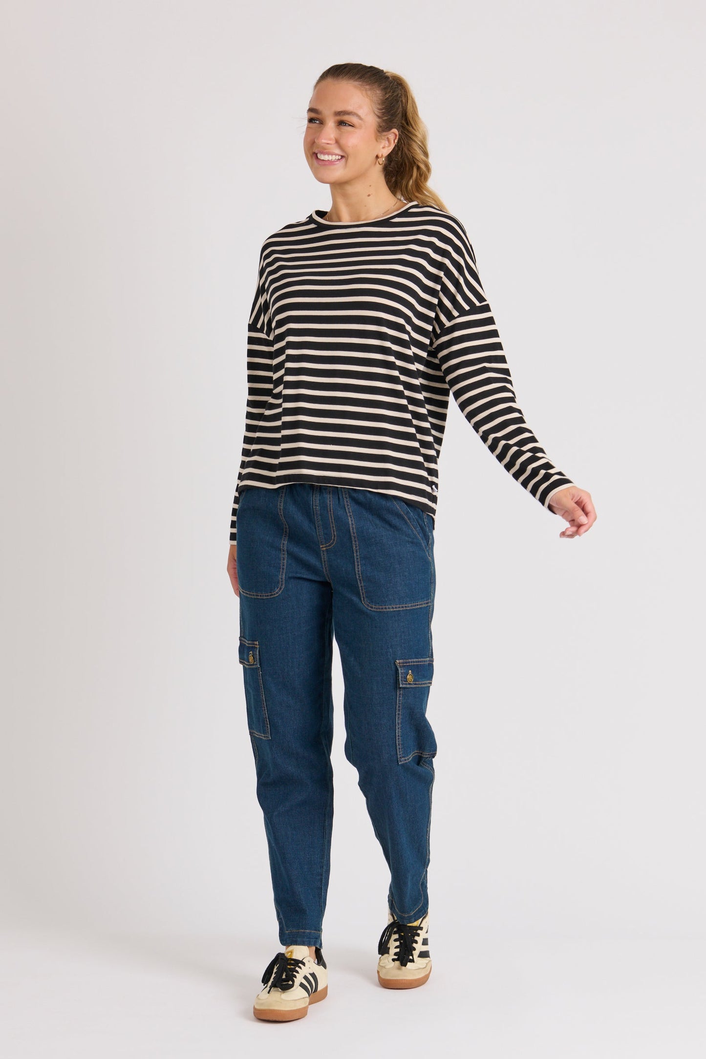 Drop Back Long Sleeve Tee - Beige Stripe
