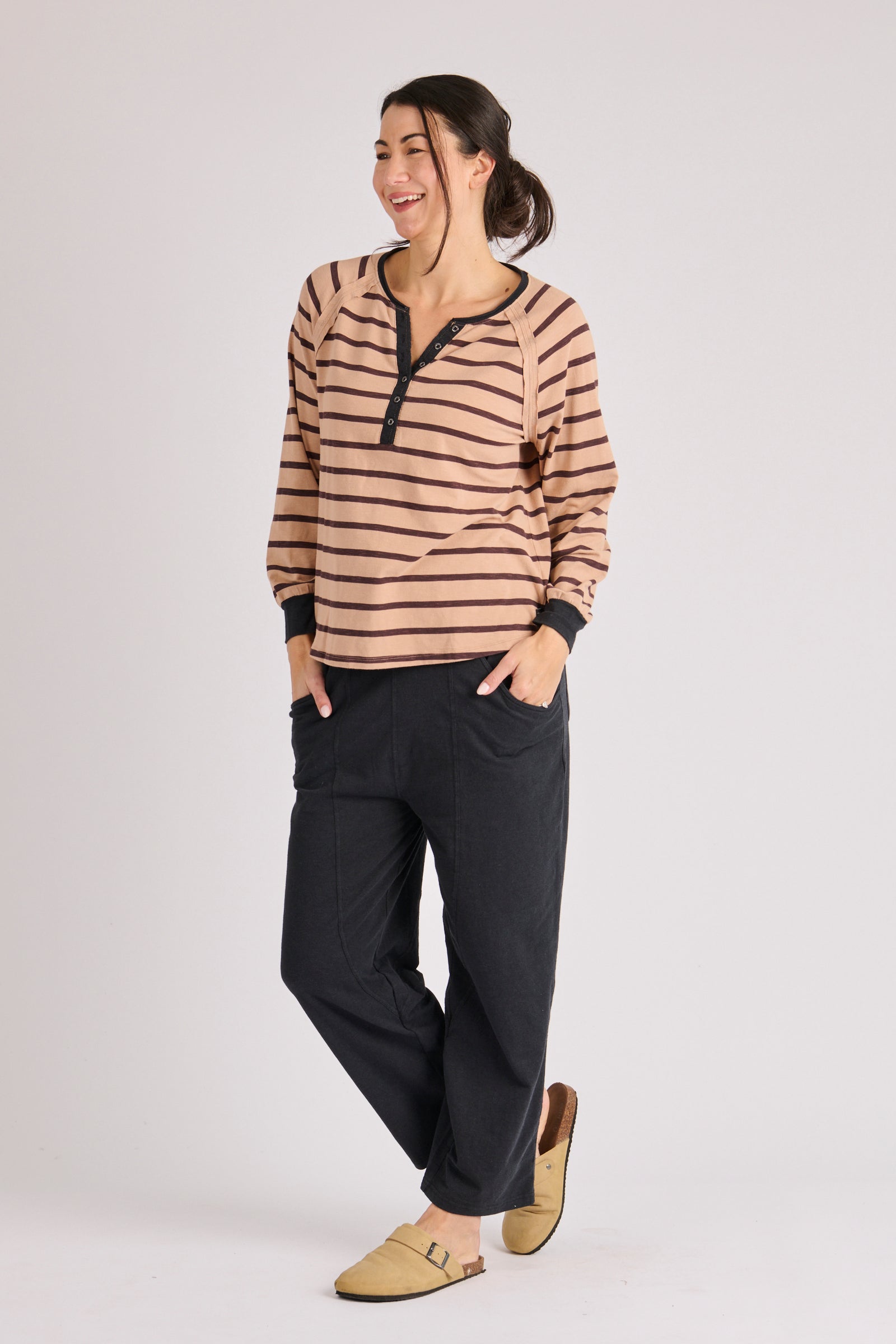 One Ten Willow Relaxed Henley Tee - Latte Stripe (view 4)