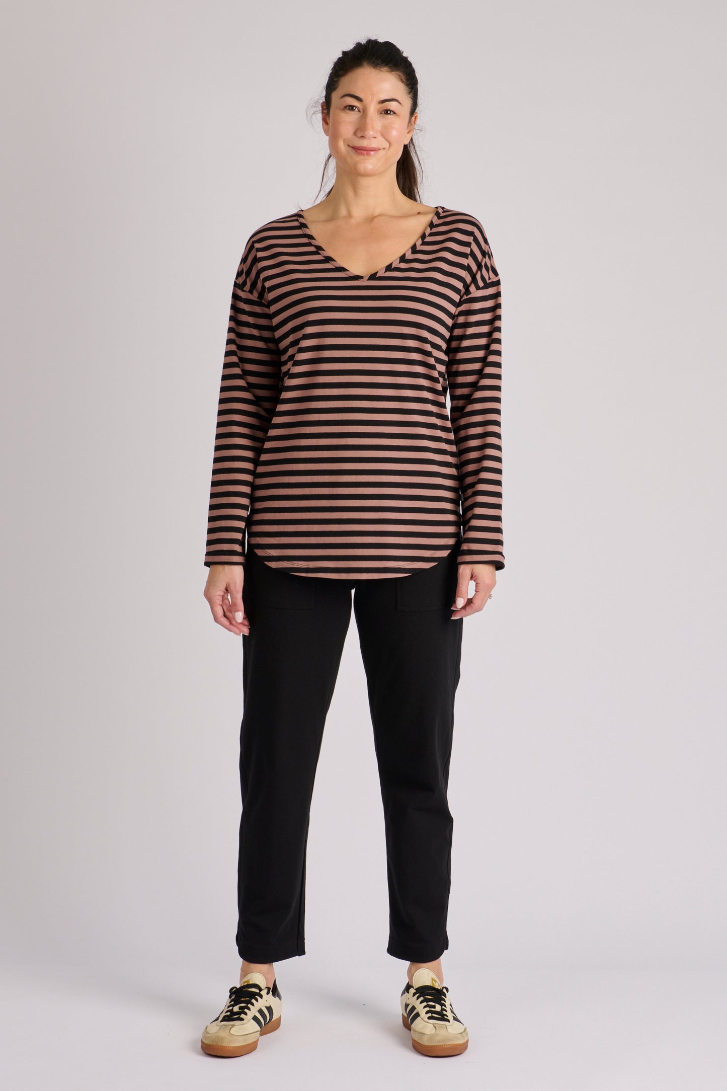 One Ten Willow Cuff Sleeve Scoop Hem Tee - Brown Stripe (view 2)