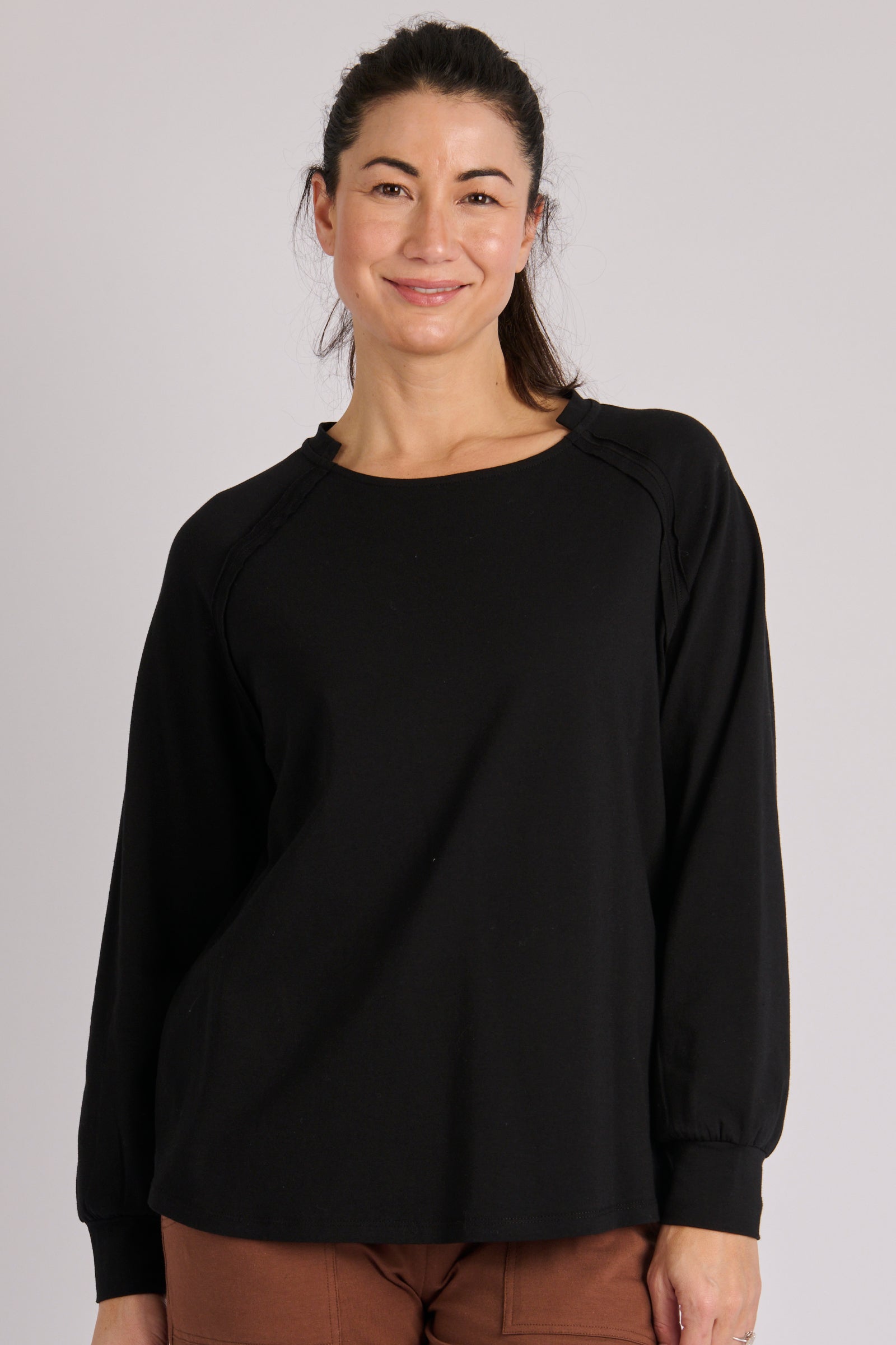 One Ten Willow Collar Detail Long Sleeve Tee - Black