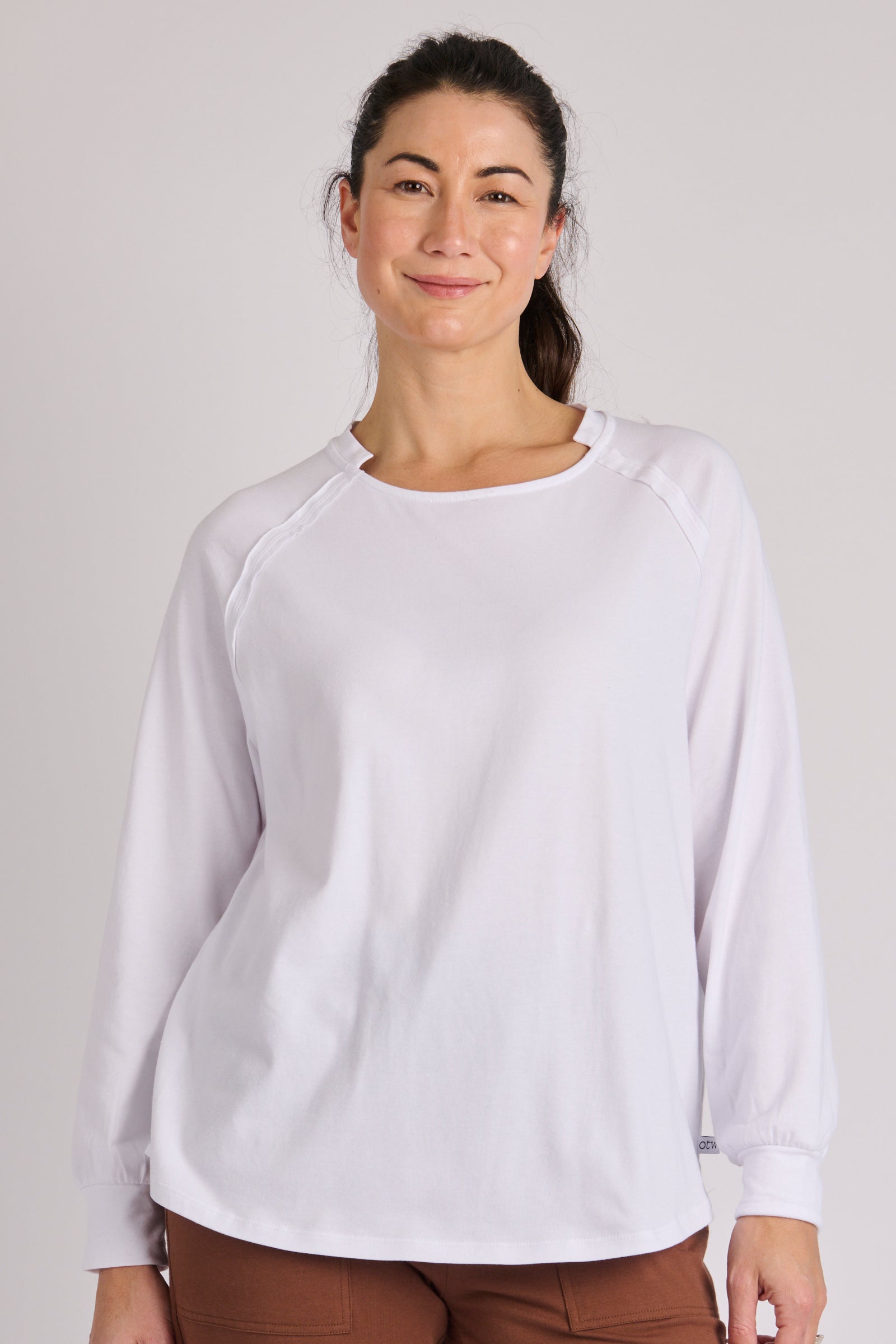 One Ten Willow Collar Detail Long Sleeve Tee - White