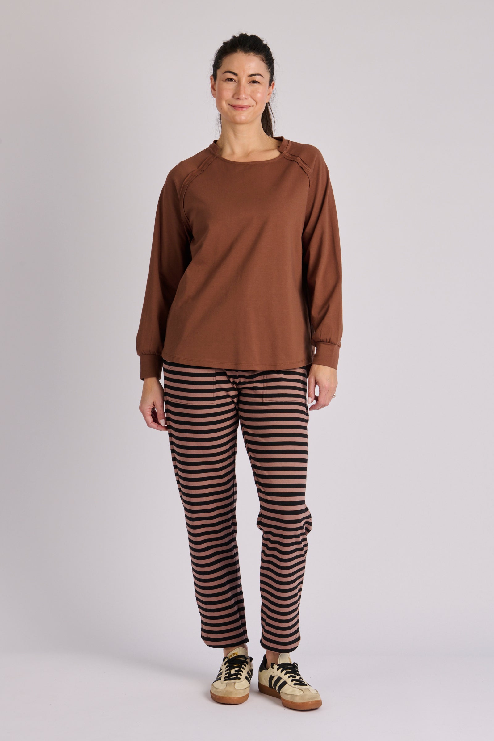 One Ten Willow Collar Detail Long Sleeve Tee - Chocolate (view 2)