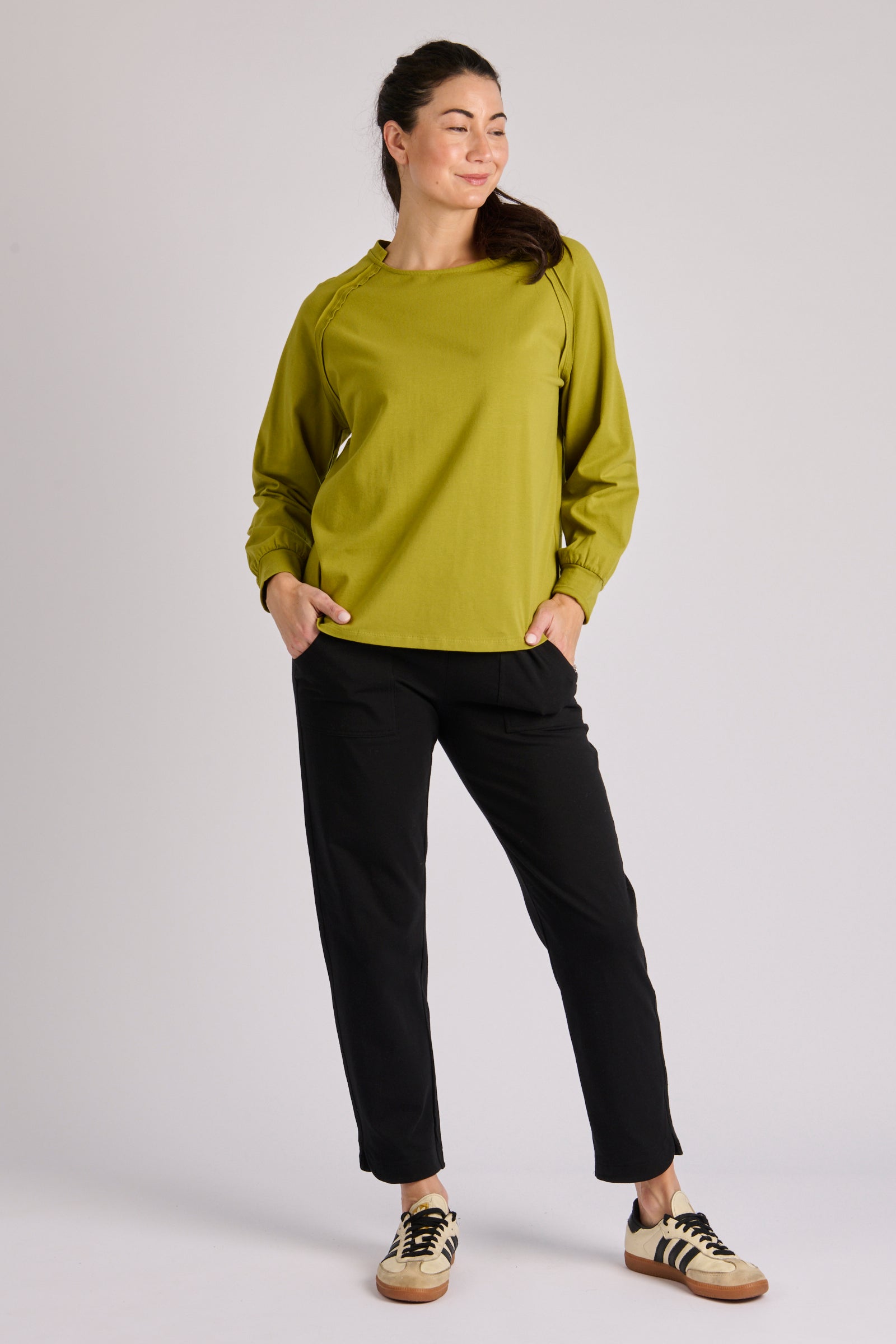 One Ten Willow Collar Detail Long Sleeve Tee - Moss Green (view 2)