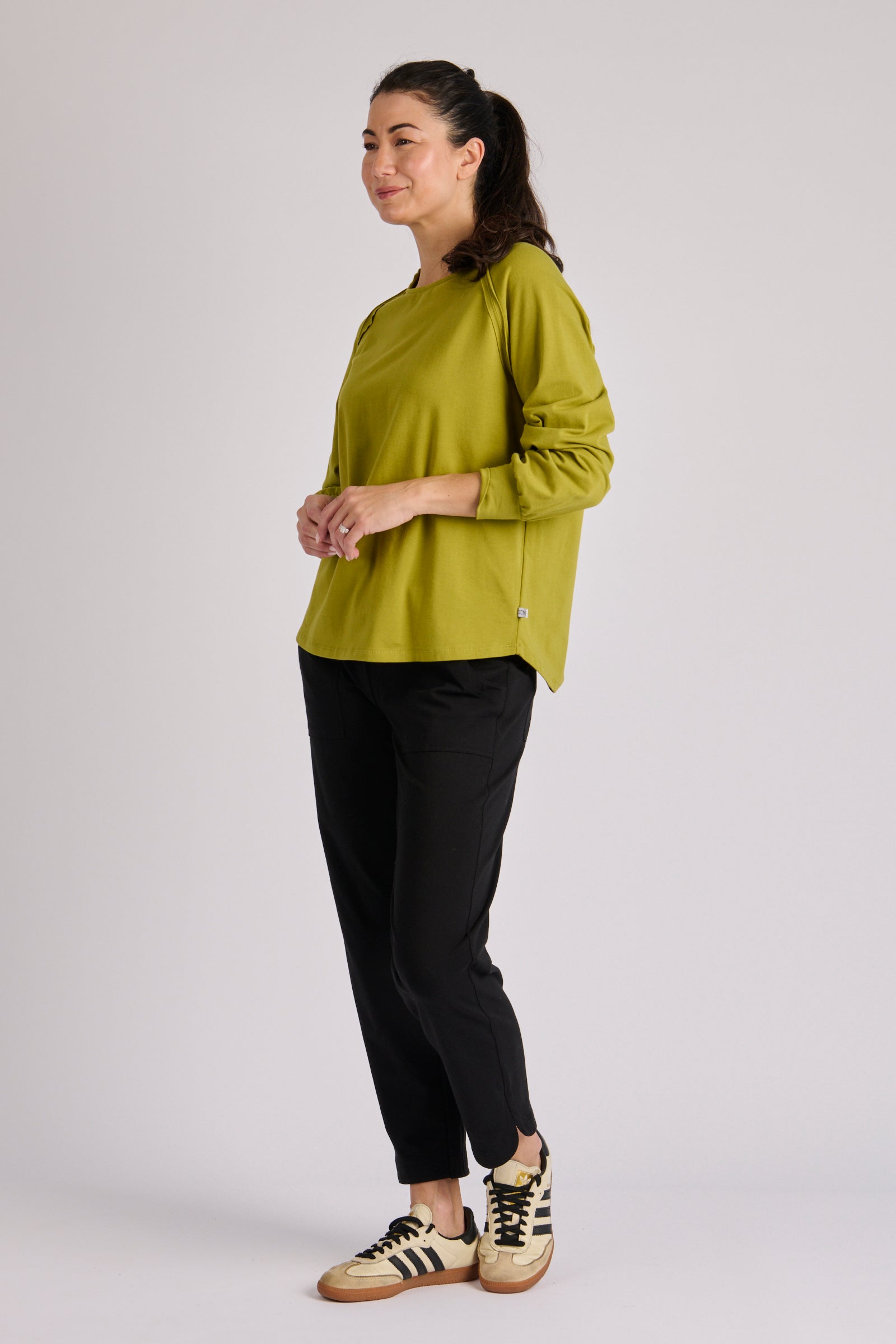 One Ten Willow Collar Detail Long Sleeve Tee - Moss Green (view 3)