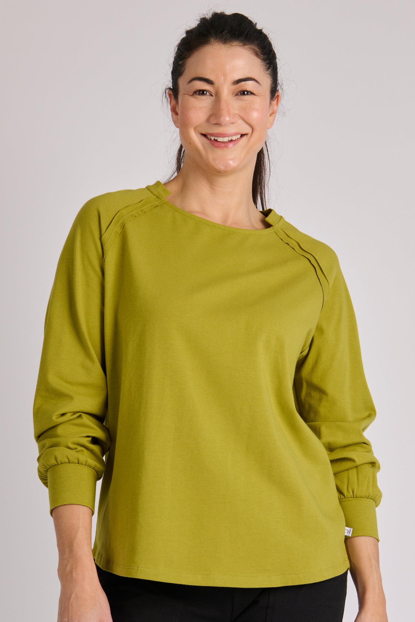 One Ten Willow Collar Detail Long Sleeve Tee - Moss Green