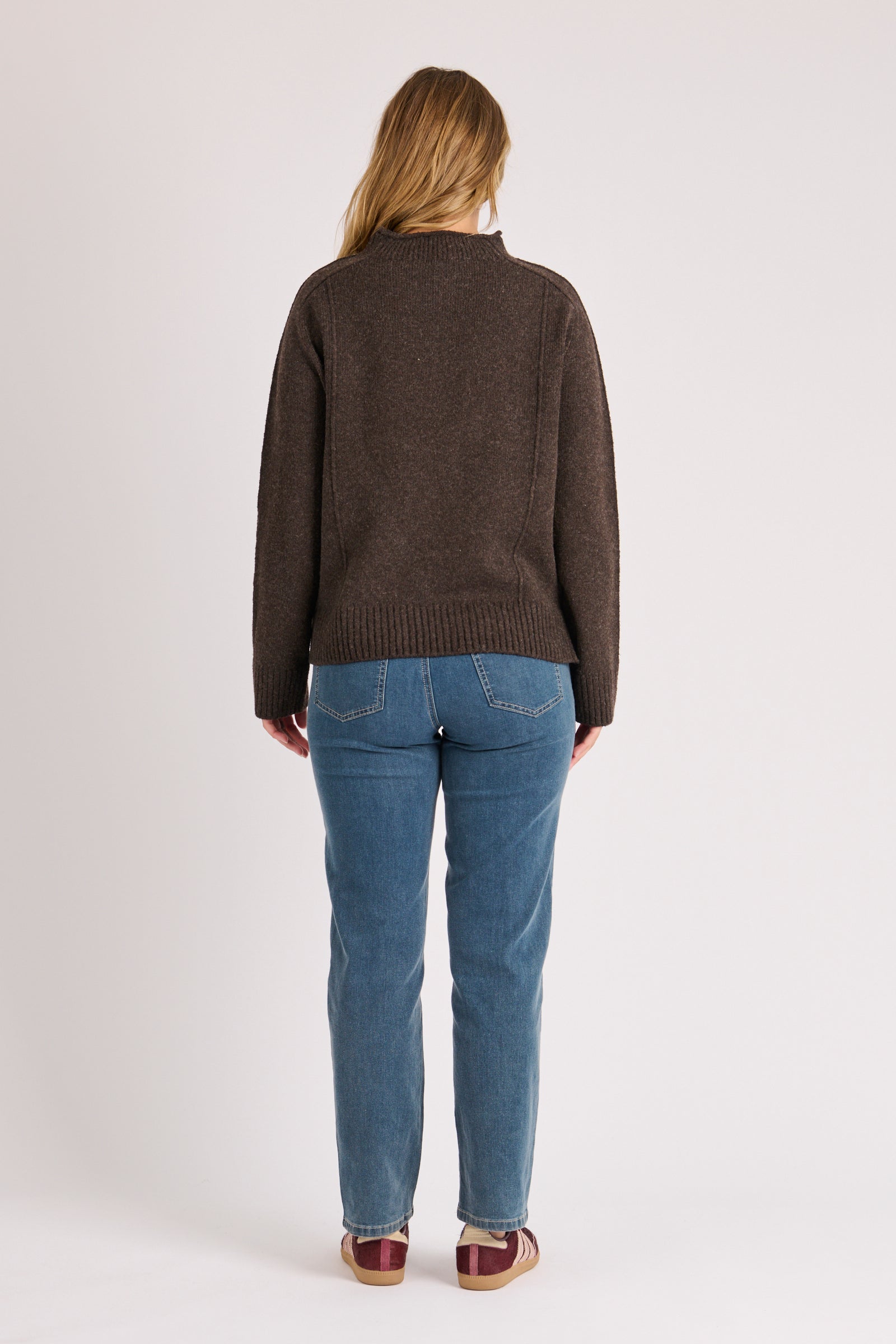 One Ten Willow Mock Neck Seam Detail Jumper Dark Chocolate - back