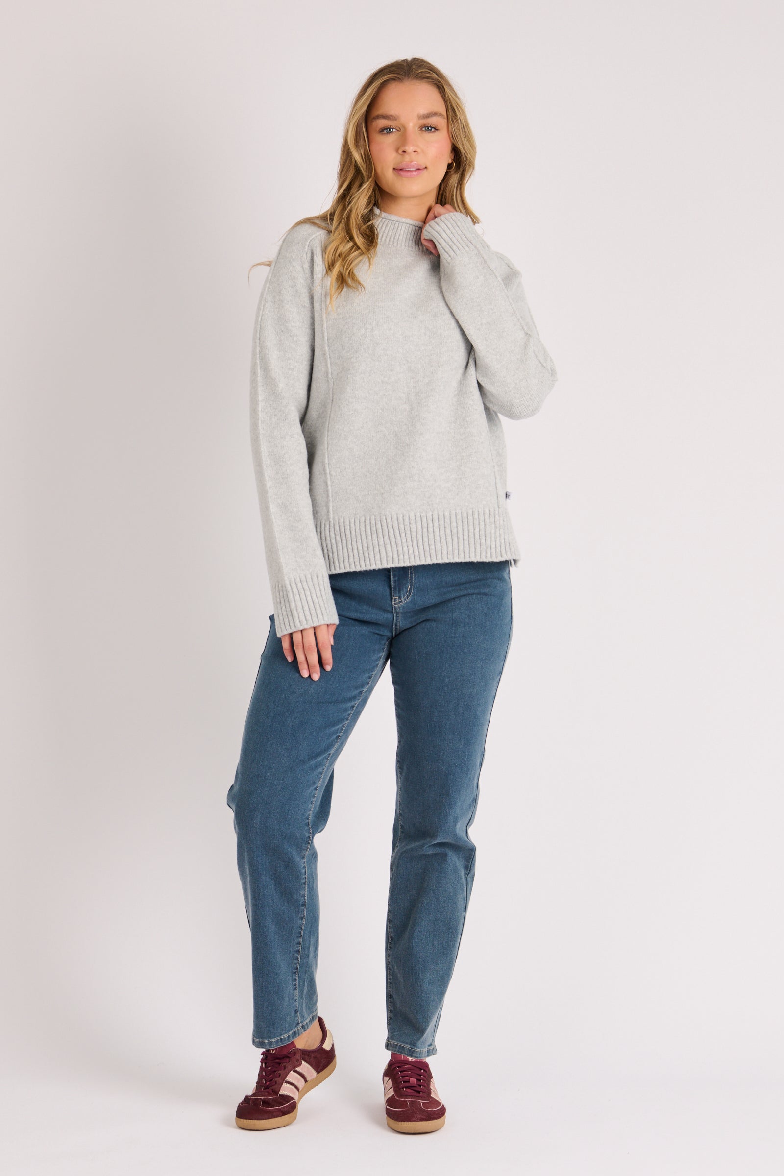 One Ten Willow Mock Neck Jumper Light Grey Marle - front