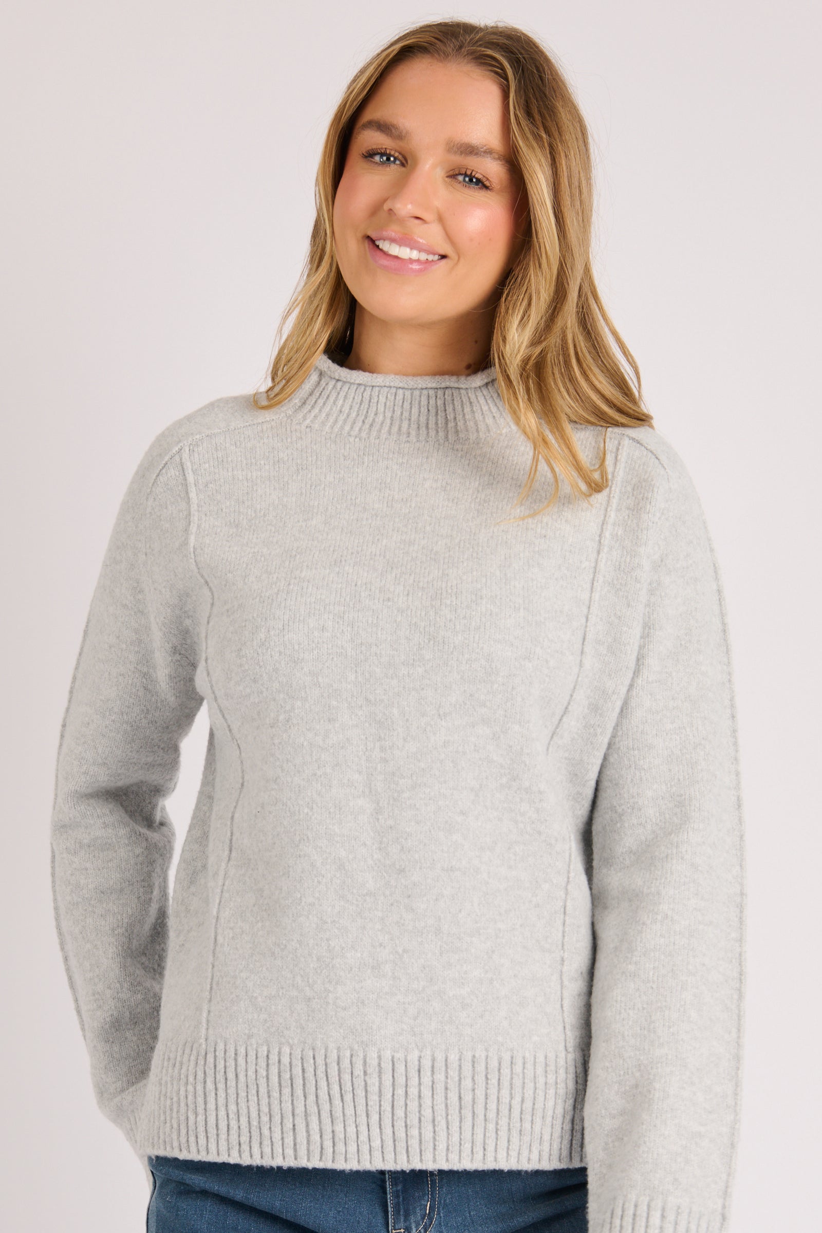 One Ten Willow Mock Neck Seam Detail Jumper Light Grey Marle