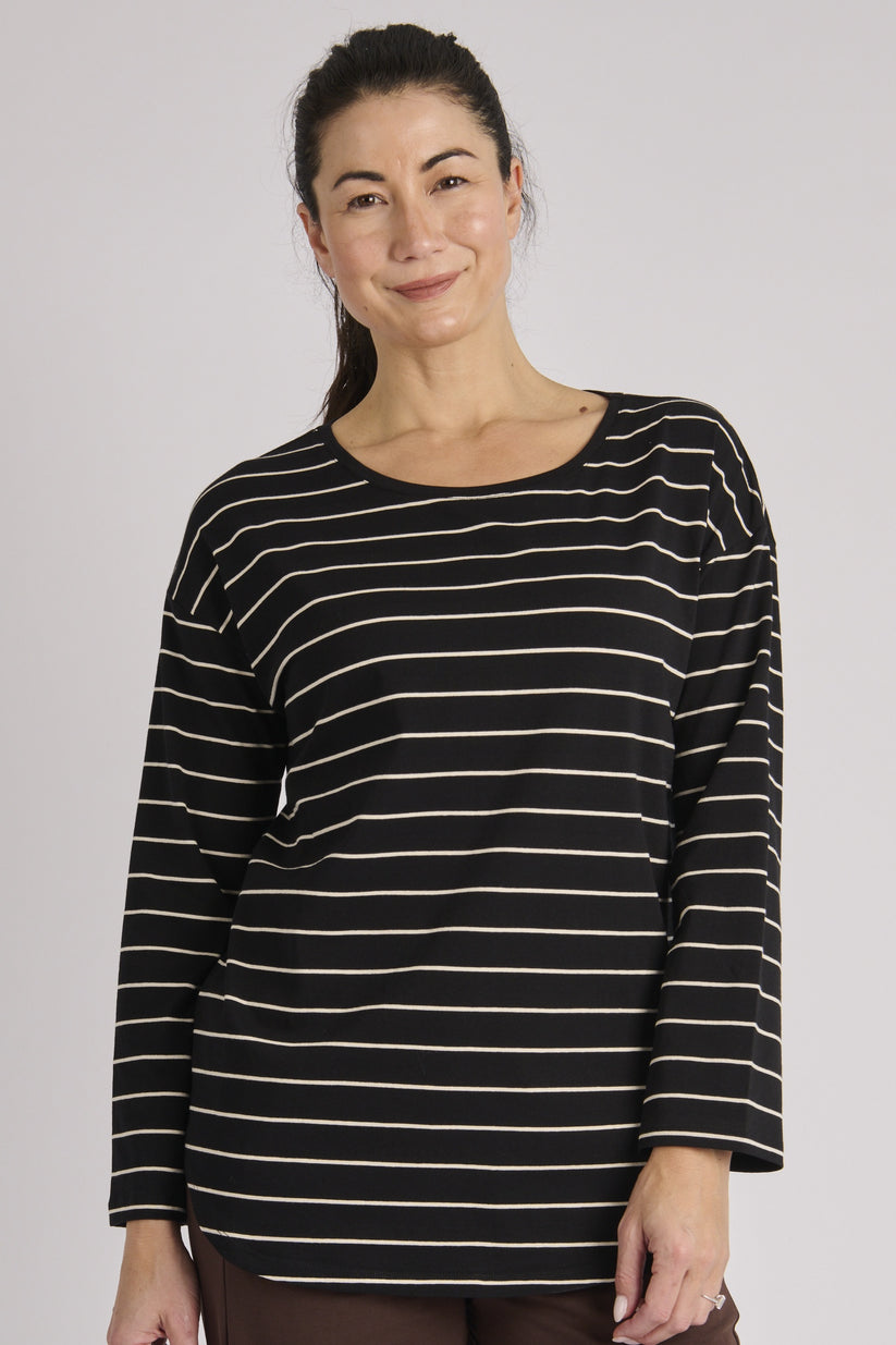 One Ten Willow Scoop Hem Long Sleeve Tee - Black Stripe