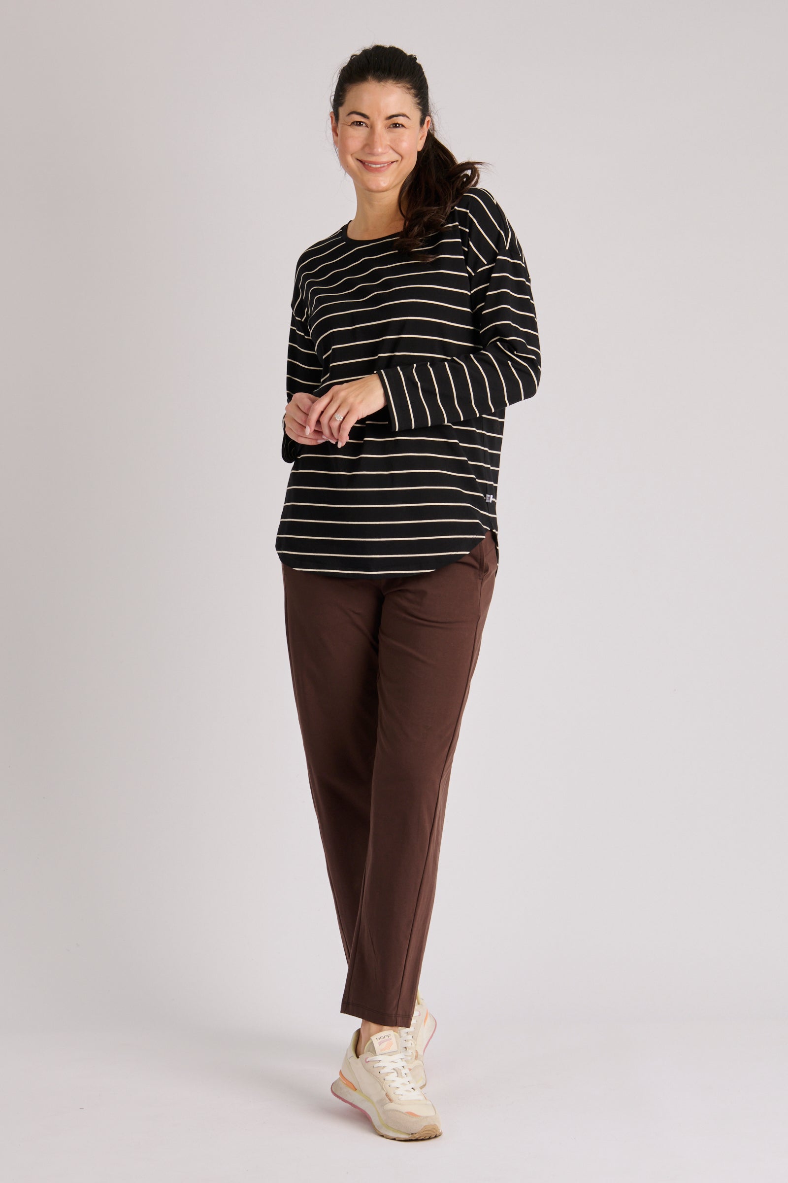 One Ten Willow Scoop Hem LS Tee Ecru Stripe - front