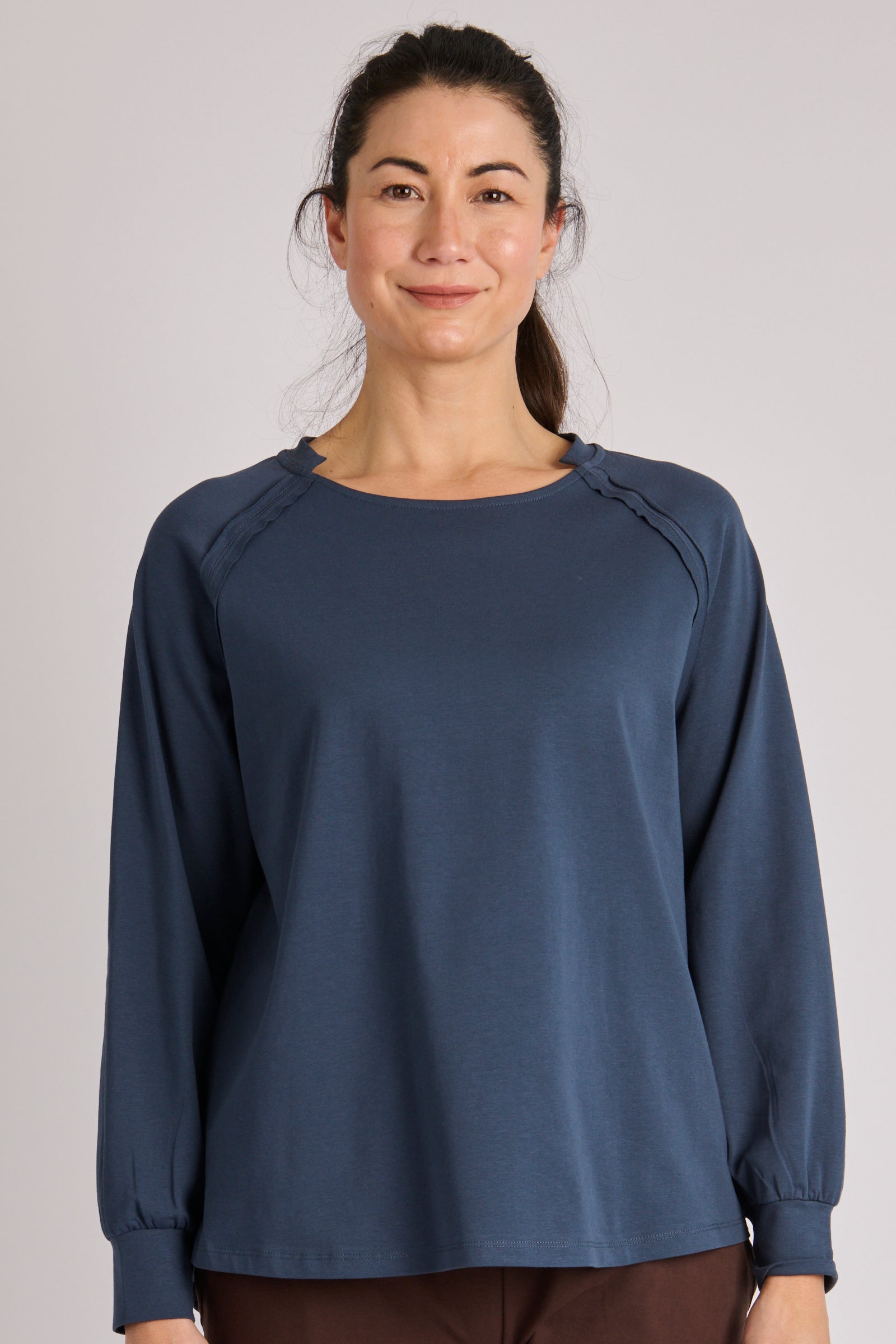 One Ten Willow Collar Detail LS Tee Dark Navy