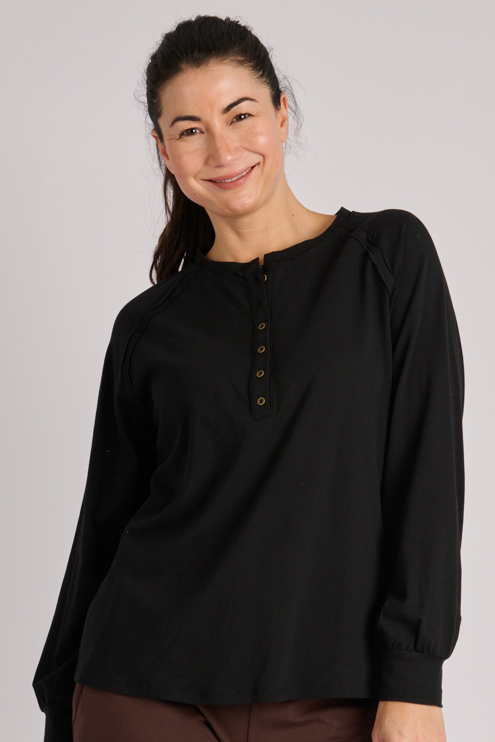 One Ten Willow Relaxed Henley Long Sleeve Tee Black
