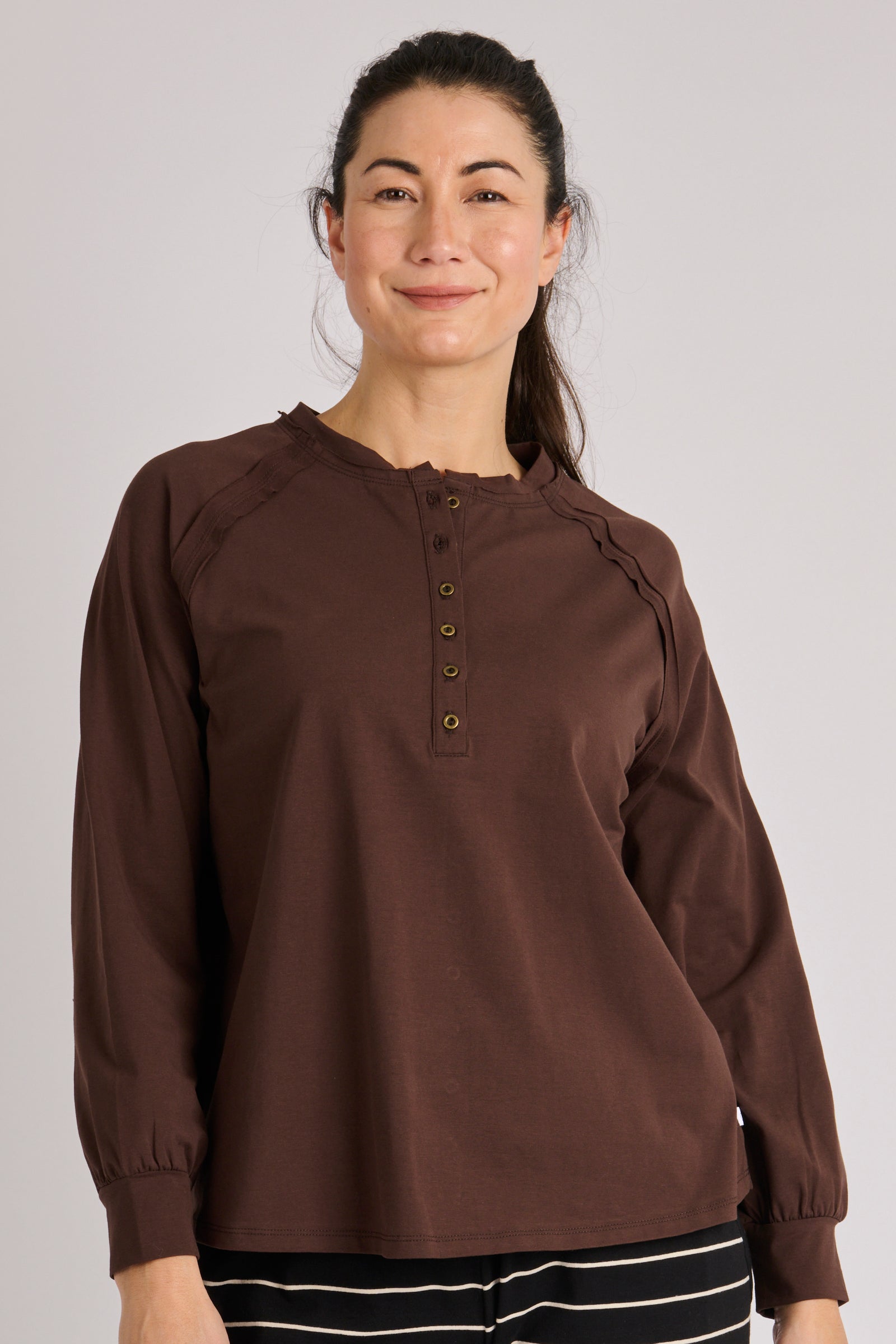 One Ten Willow Relaxed Henley Long Sleeve Tee Coffee Bean