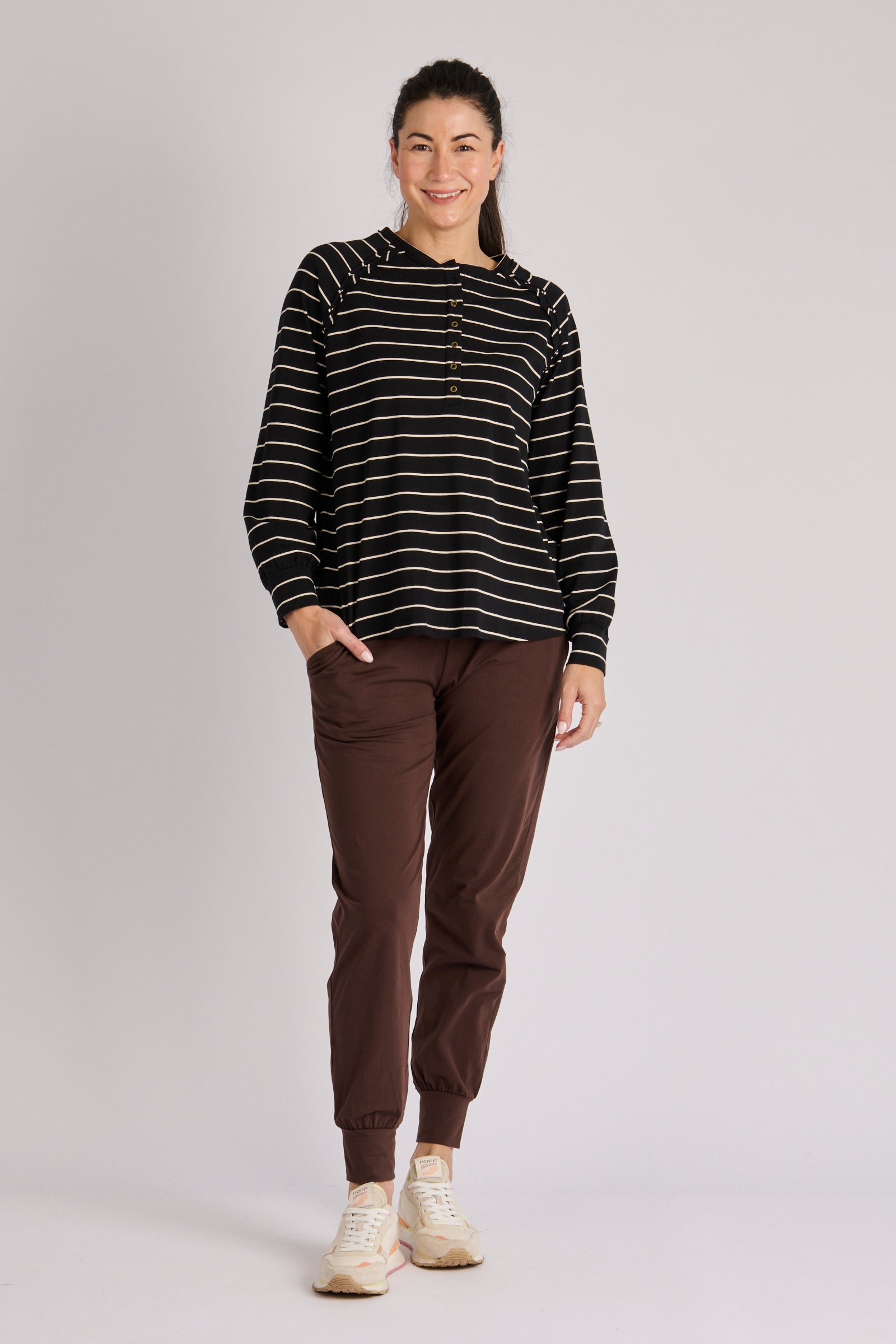 One Ten Willow Relaxed Henley LS Tee Black Ecru Stripe - front