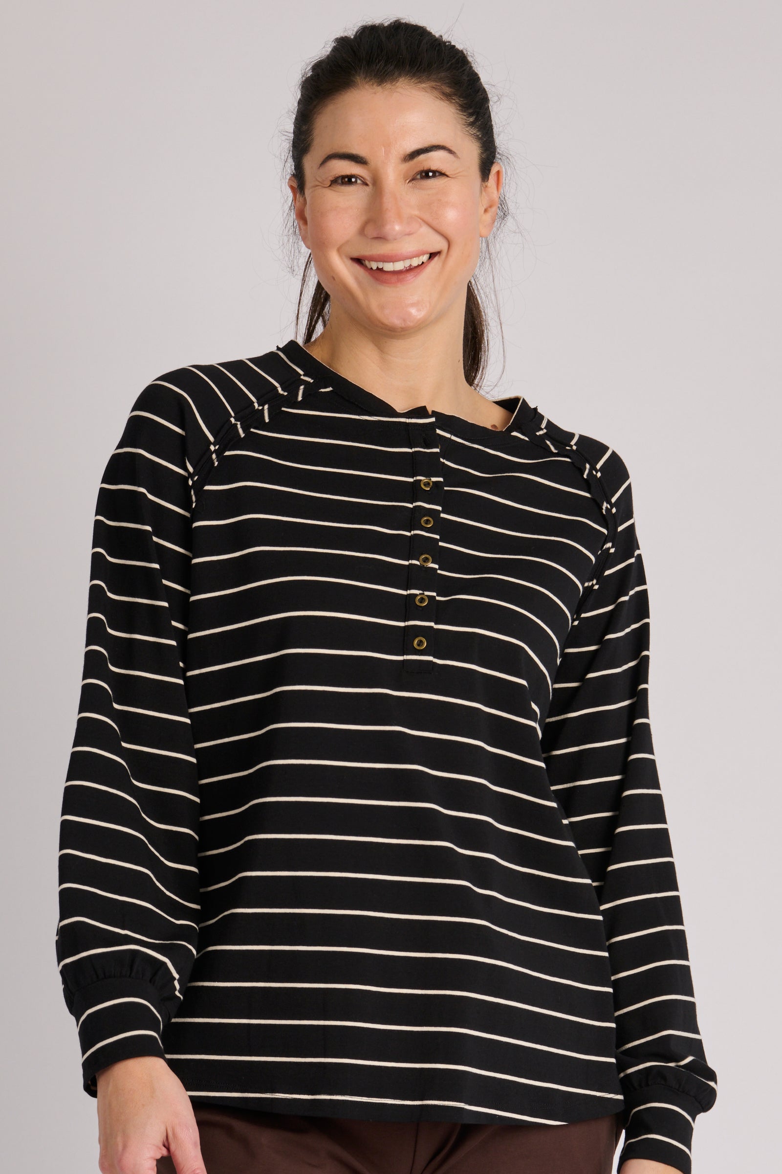 One Ten Willow Relaxed Henley Long Sleeve Tee Black Ecru Stripe
