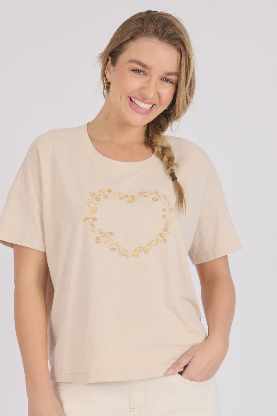 Scoop Neck Drop Back Tee - Oatmeal Marle