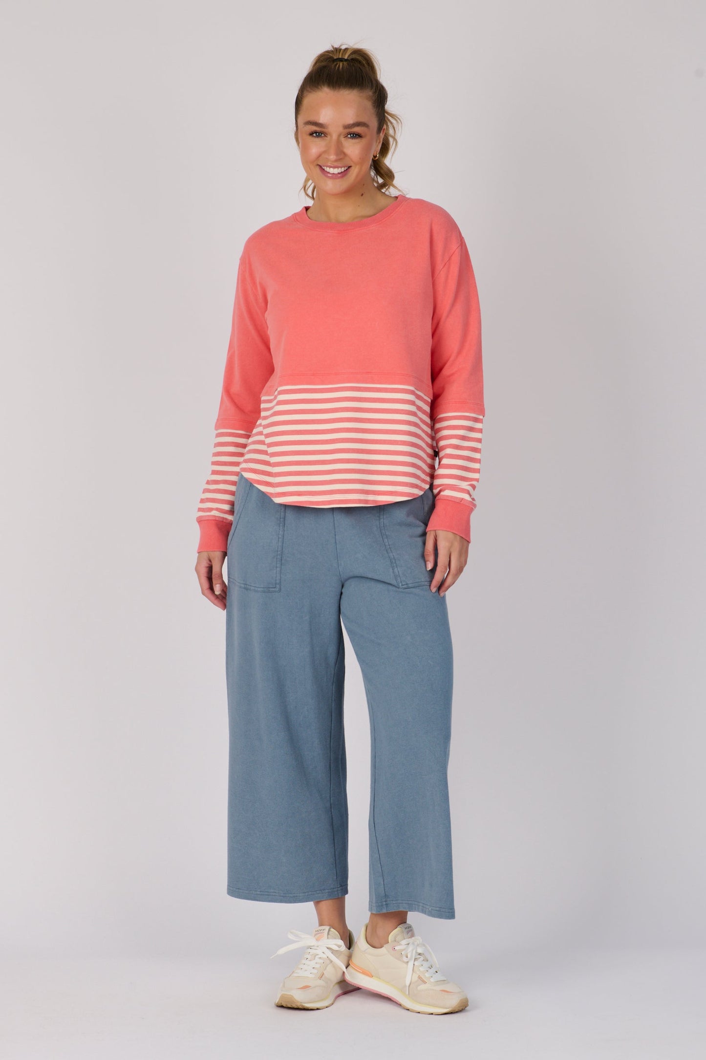 Scoop Hem Long Sleeve Top - Coral Stripe