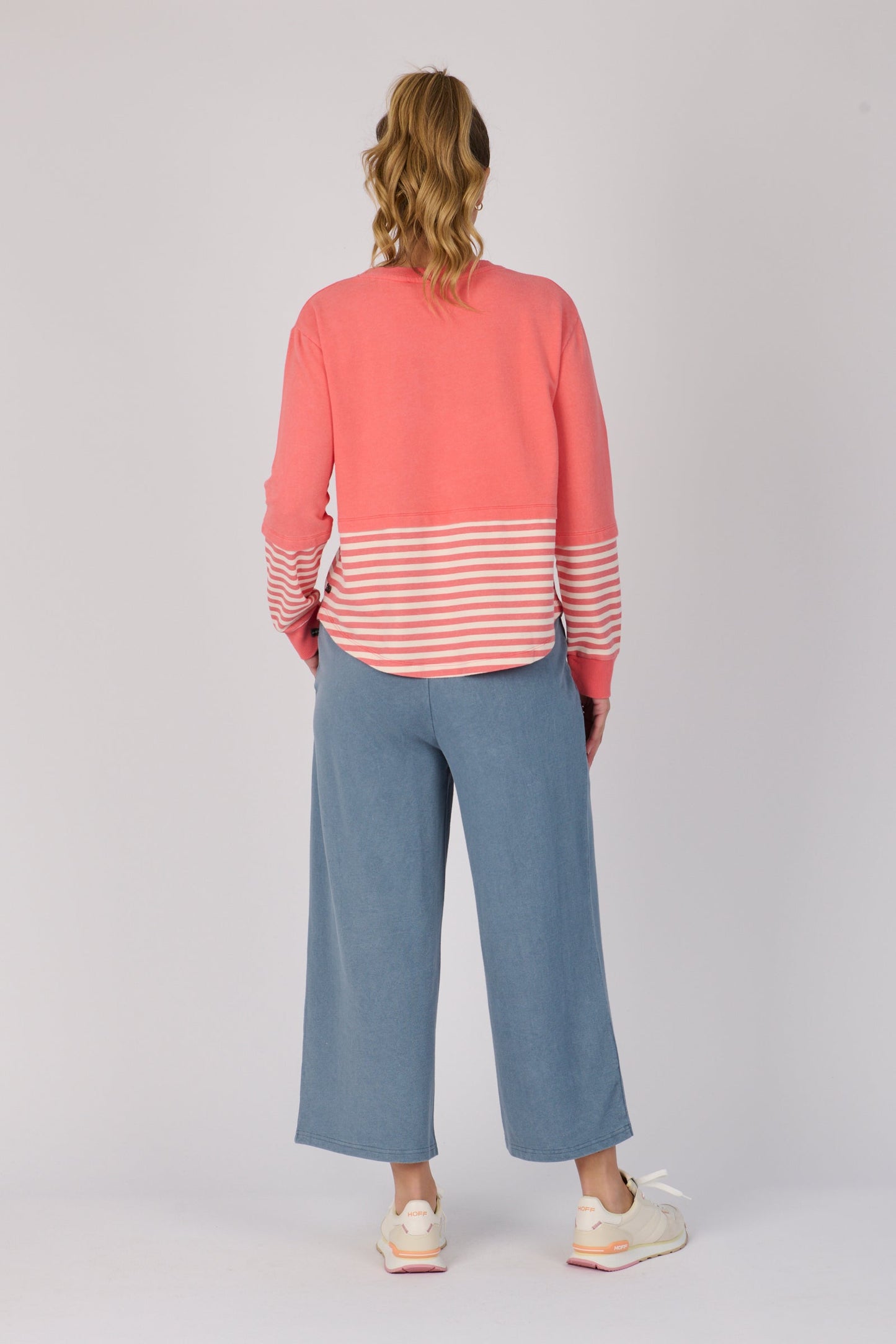 Scoop Hem Long Sleeve Top - Coral Stripe