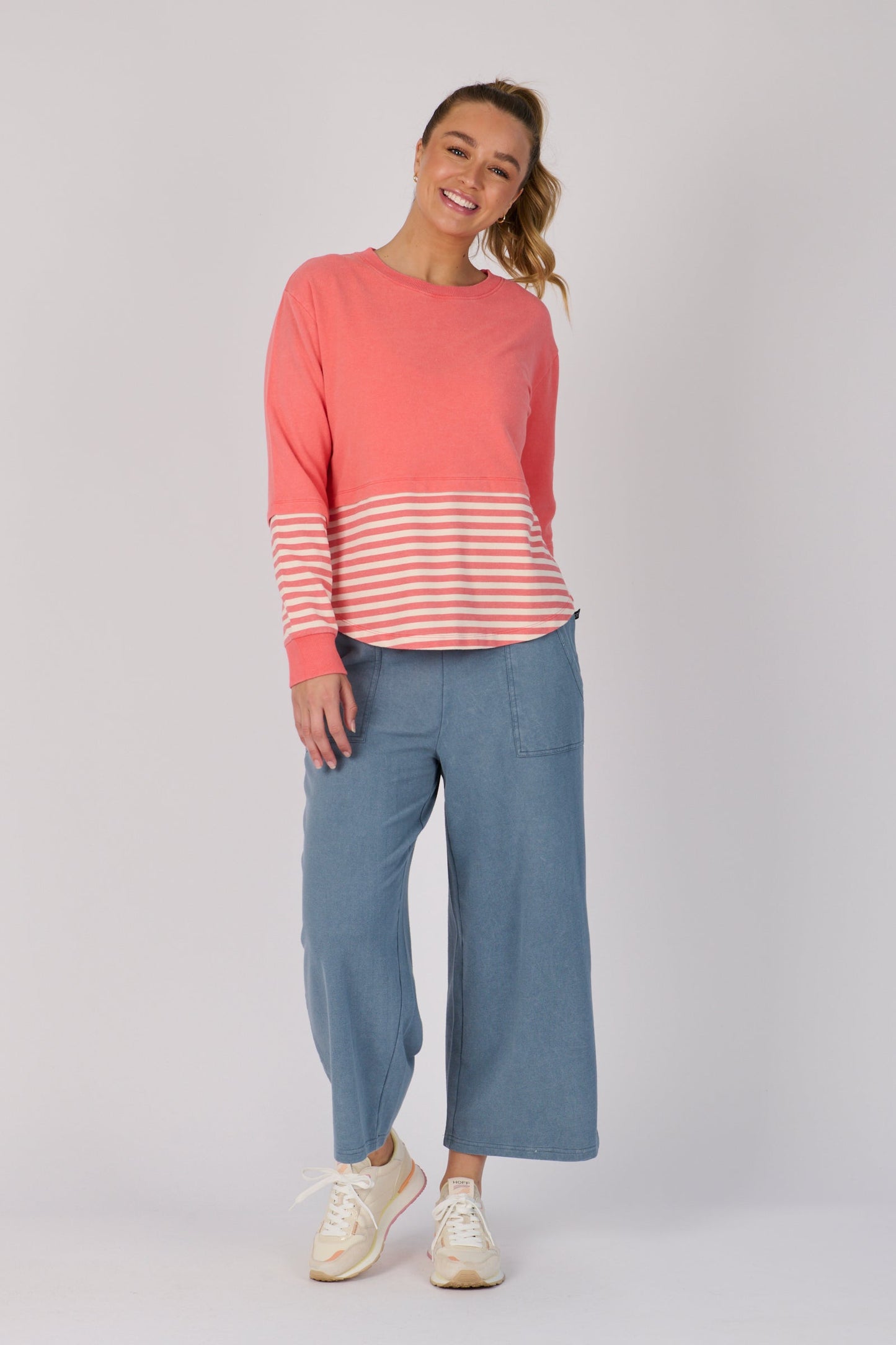 Scoop Hem Long Sleeve Top - Coral Stripe