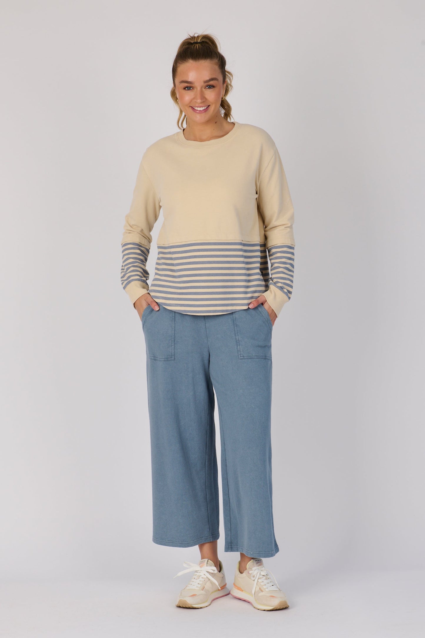 Scoop Hem Long Sleeve Top - Stone Blue Stripe