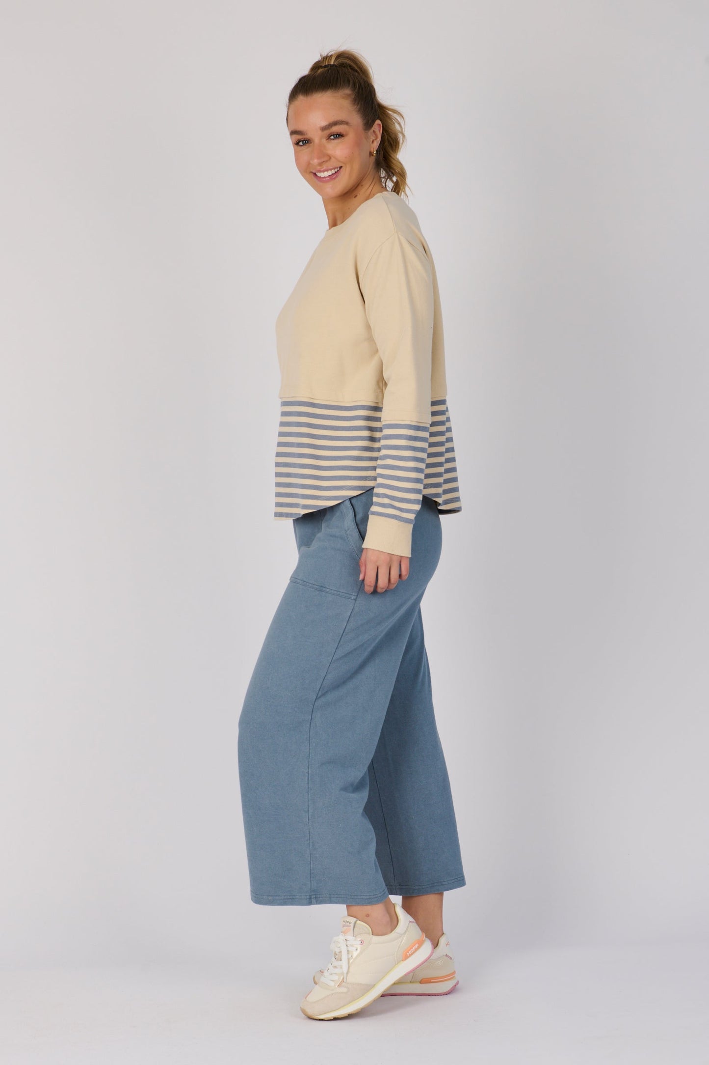 Scoop Hem Long Sleeve Top - Stone Blue Stripe