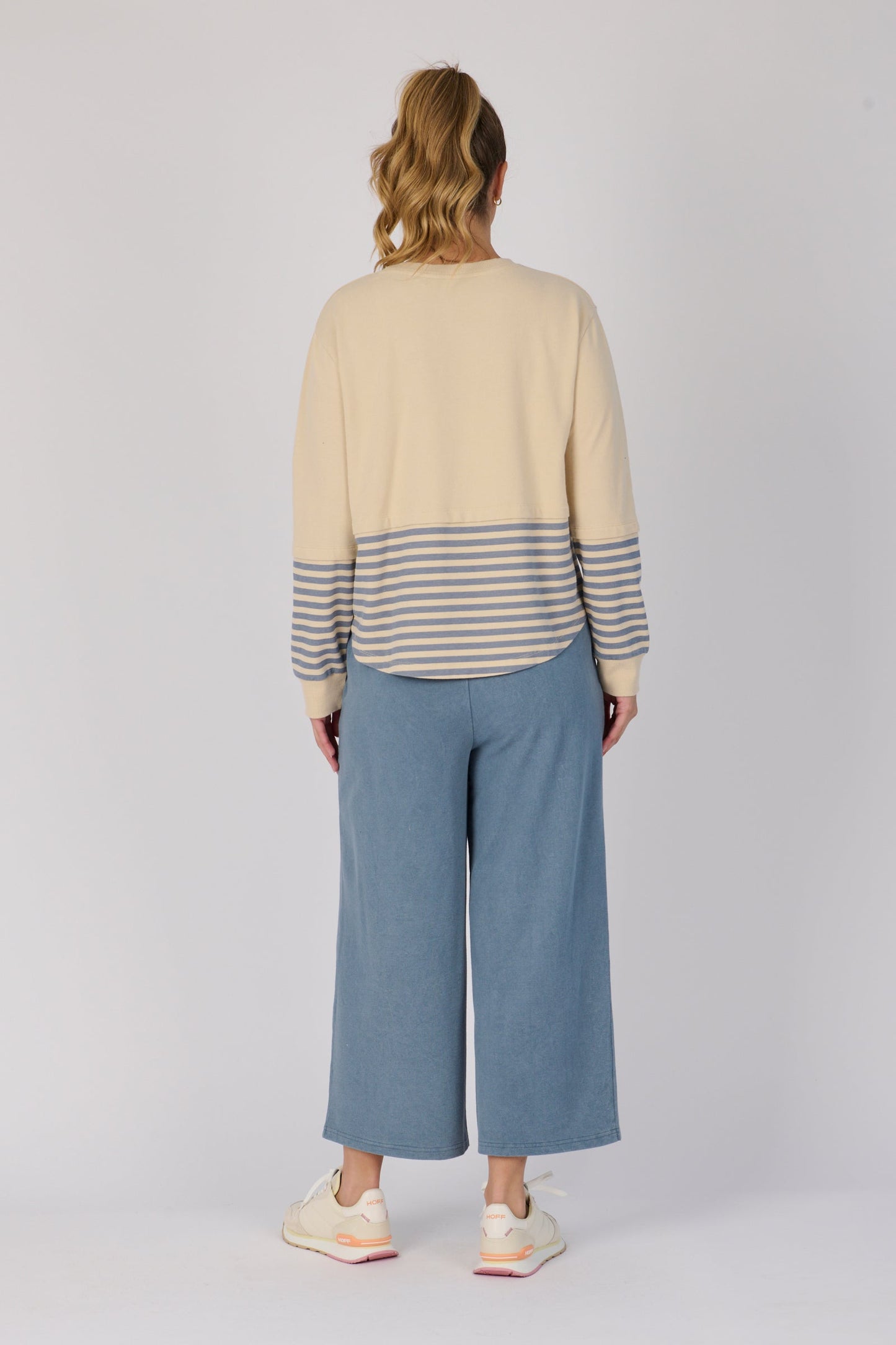Scoop Hem Long Sleeve Top - Stone Blue Stripe