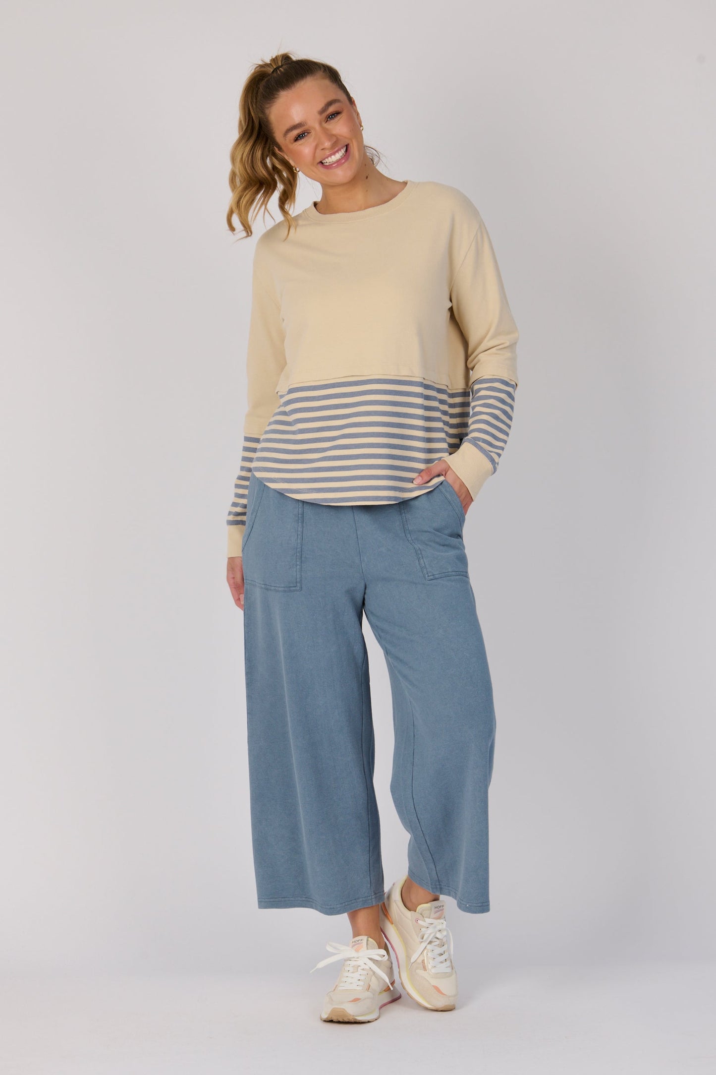 Scoop Hem Long Sleeve Top - Stone Blue Stripe