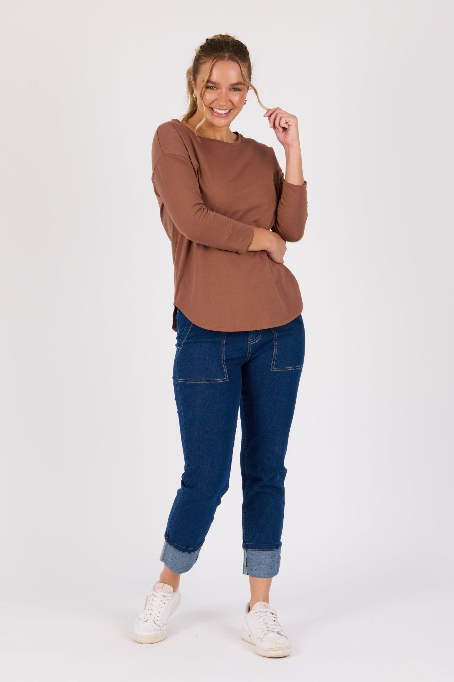 3/4 Sleeve Scoop Hem Tee - Acorn