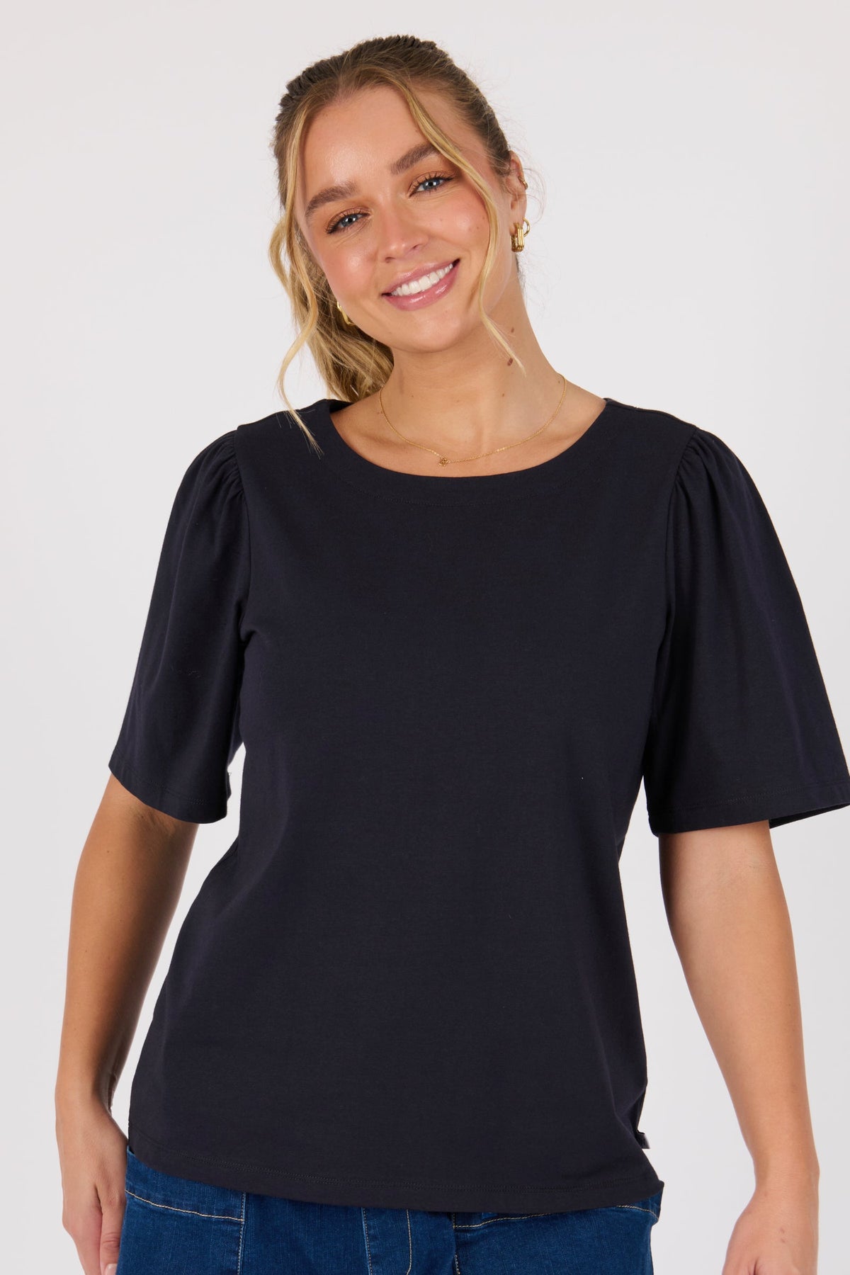 One Ten Willow Flutter Sleeve Tee in navy, front detail