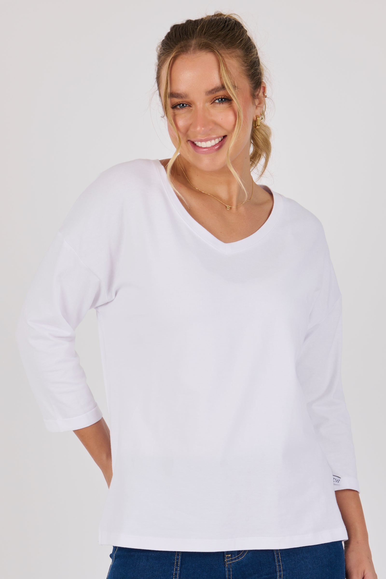 One Ten Willow V-Neck 3/4 Sleeve Top - Optic White