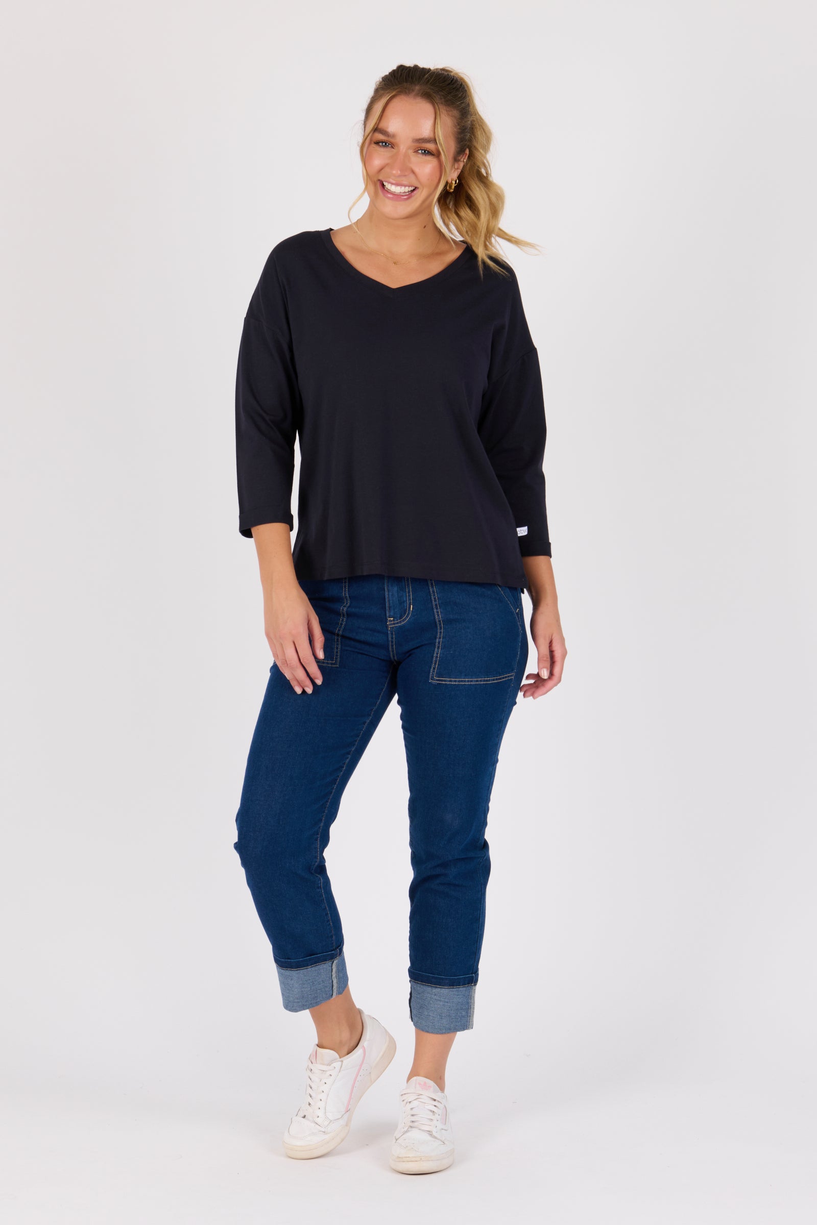 One Ten Willow V-Neck 3/4 Sleeve Top - Blue Graphite (view 2)