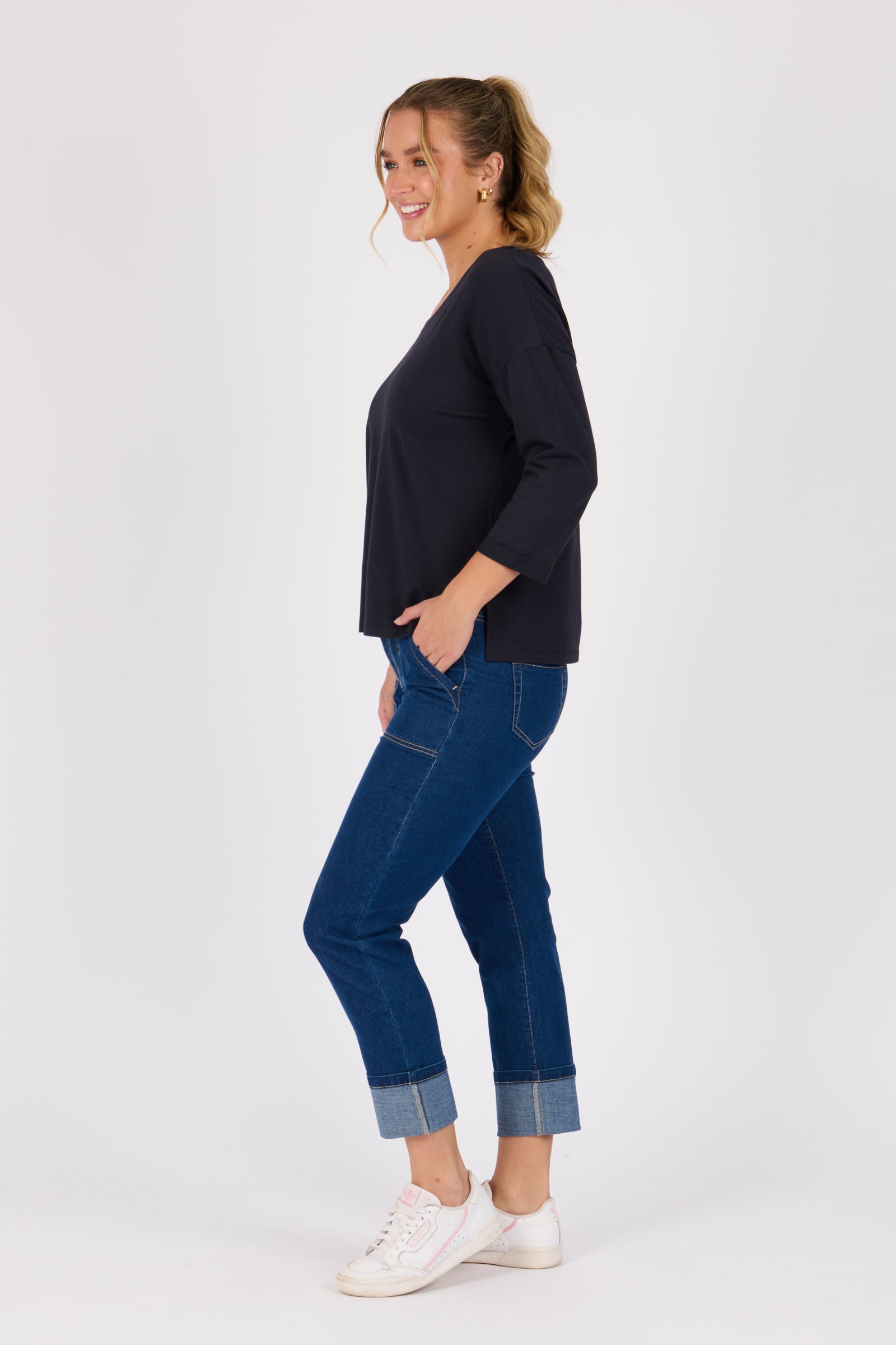 One Ten Willow V-Neck 3/4 Sleeve Top - Blue Graphite (view 3)