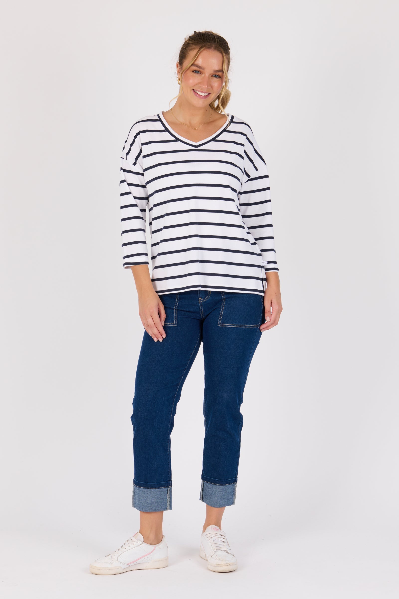 One Ten Willow V-Neck 3/4 Sleeve Top - White / Navy Stripe (view 2)