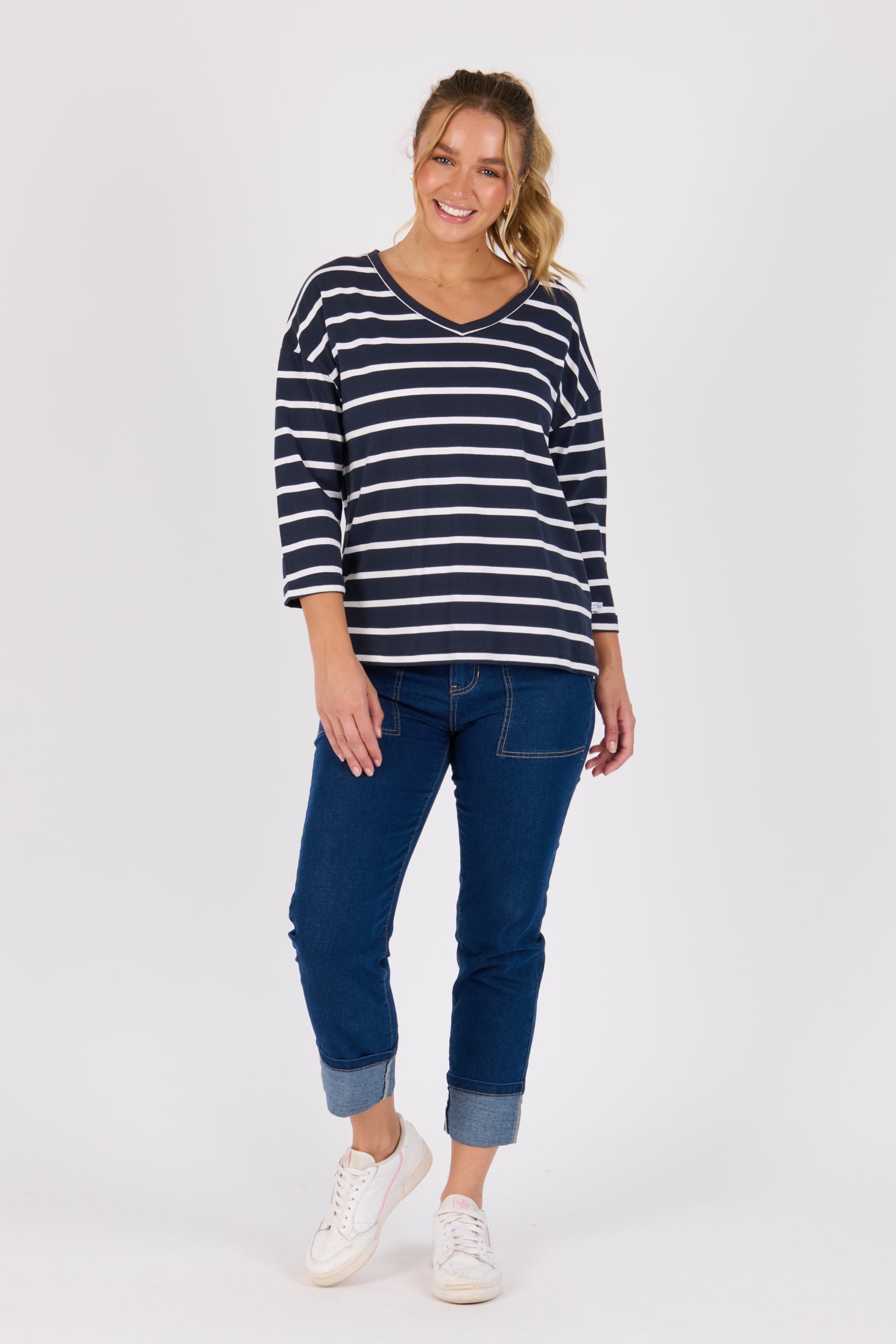 One Ten Willow V-Neck 3/4 Sleeve Top - Navy / White Stripe (view 2)