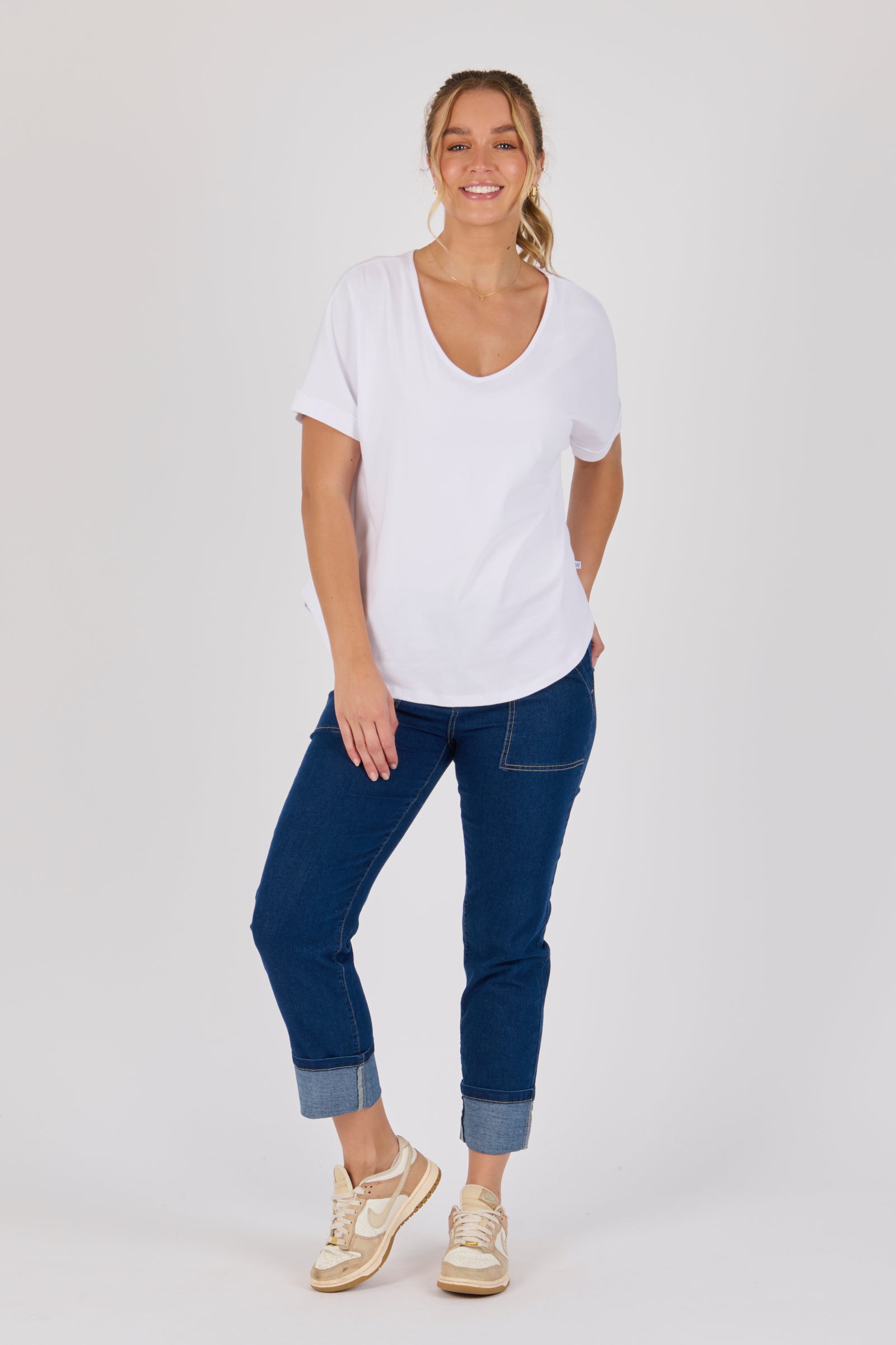 One Ten Willow V-Neck Curve Hem Tee - Optic White (view 2)