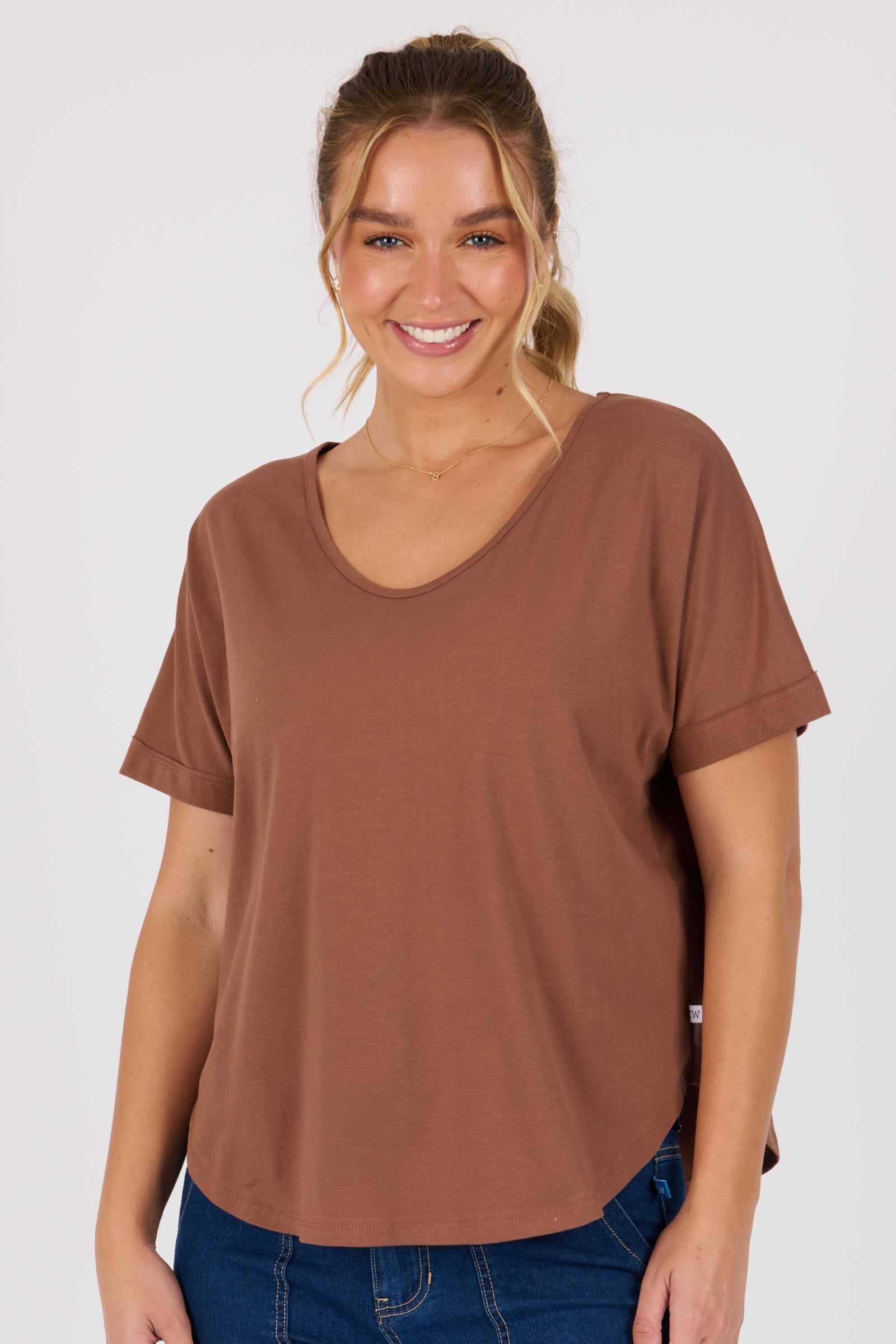 One Ten Willow V-Neck Curve Hem Tee - Acorn