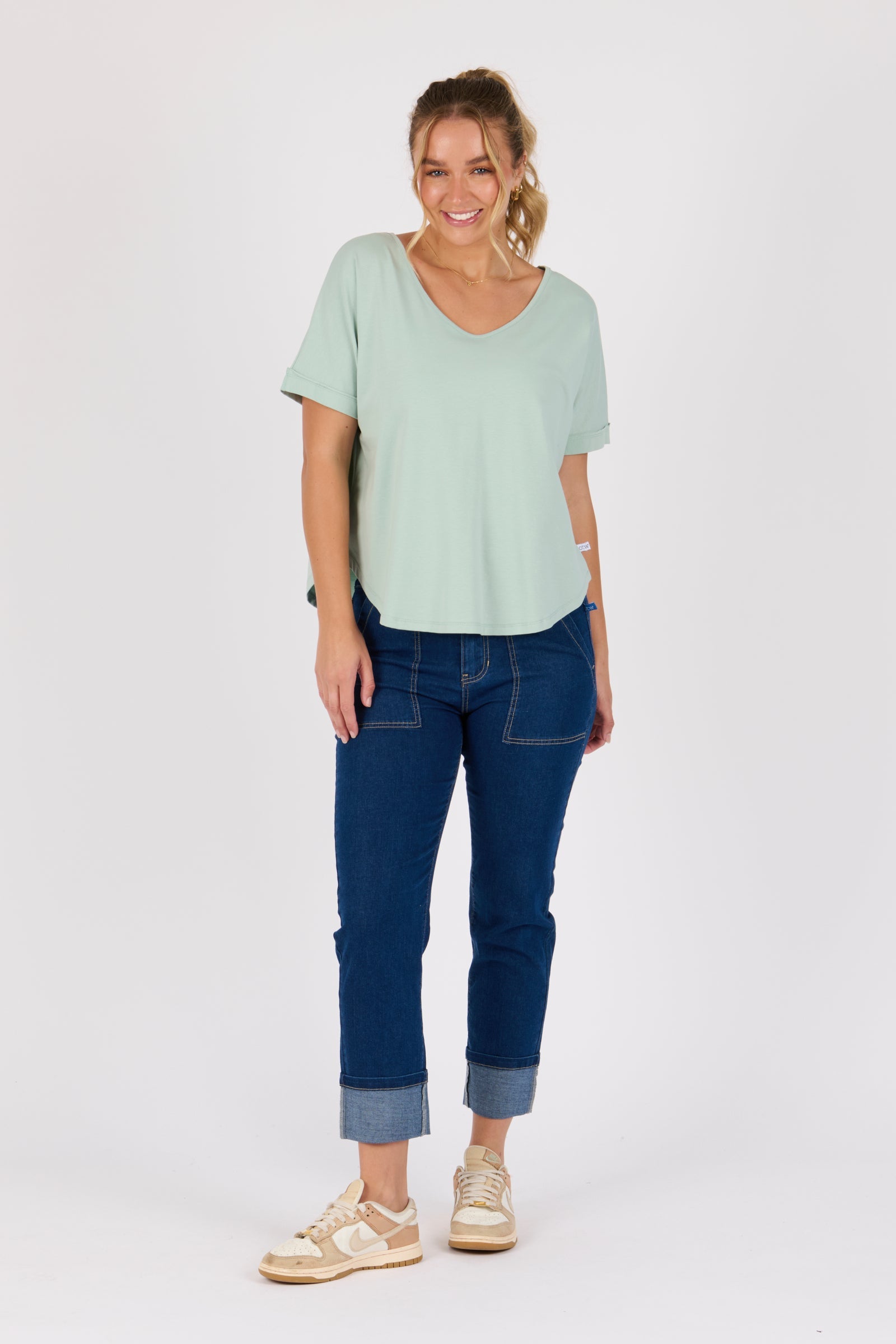 One Ten Willow V-Neck Curve Hem Tee - Sea Green (view 2)