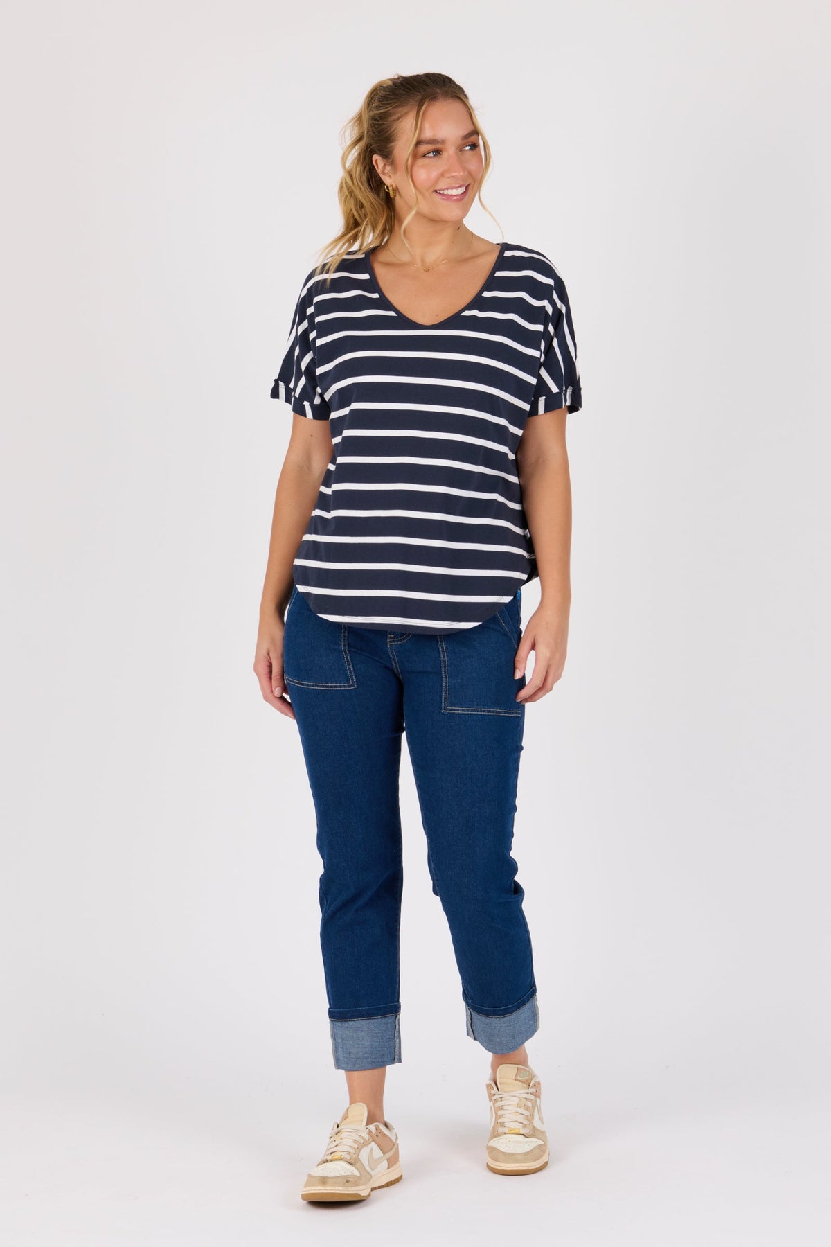 V-Neck Curve Hem Tee - Navy / White Stripe - Catani Clothing